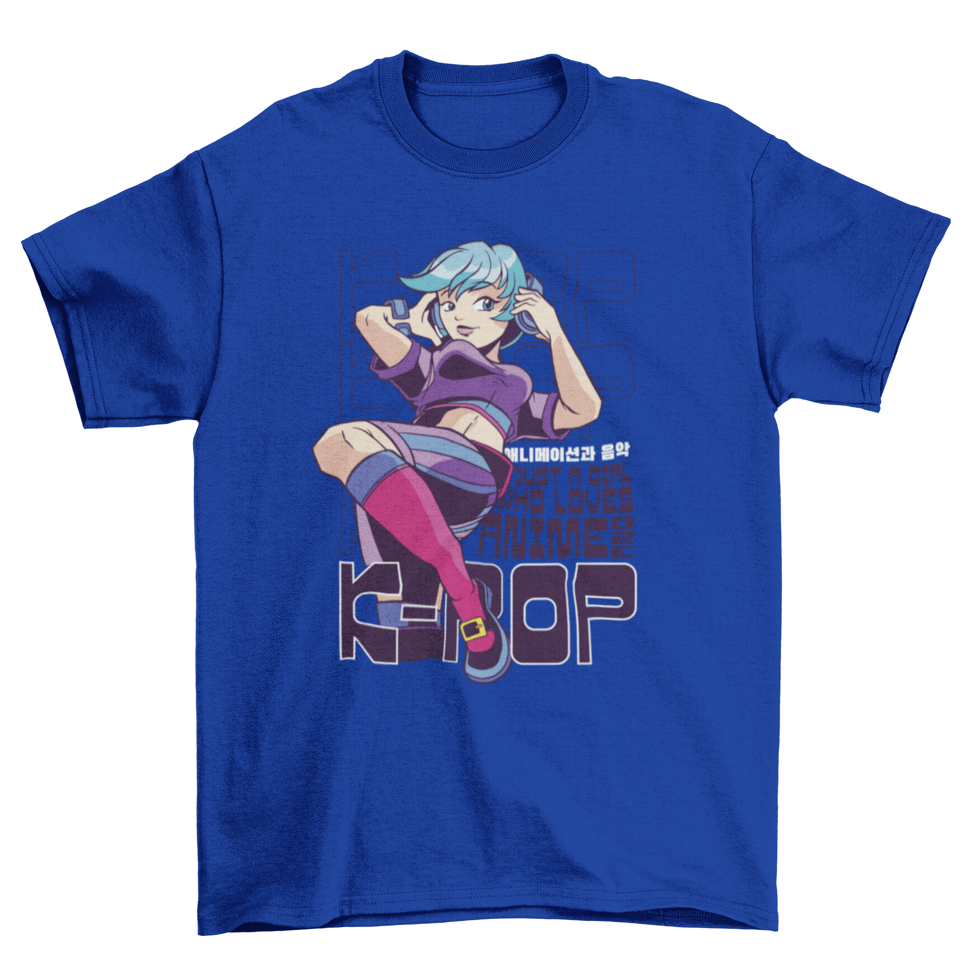 K-pop and anime girl quote t-shirt featuring a stylish girl character and the quote 'Just a girl who loves anime and K-pop'.