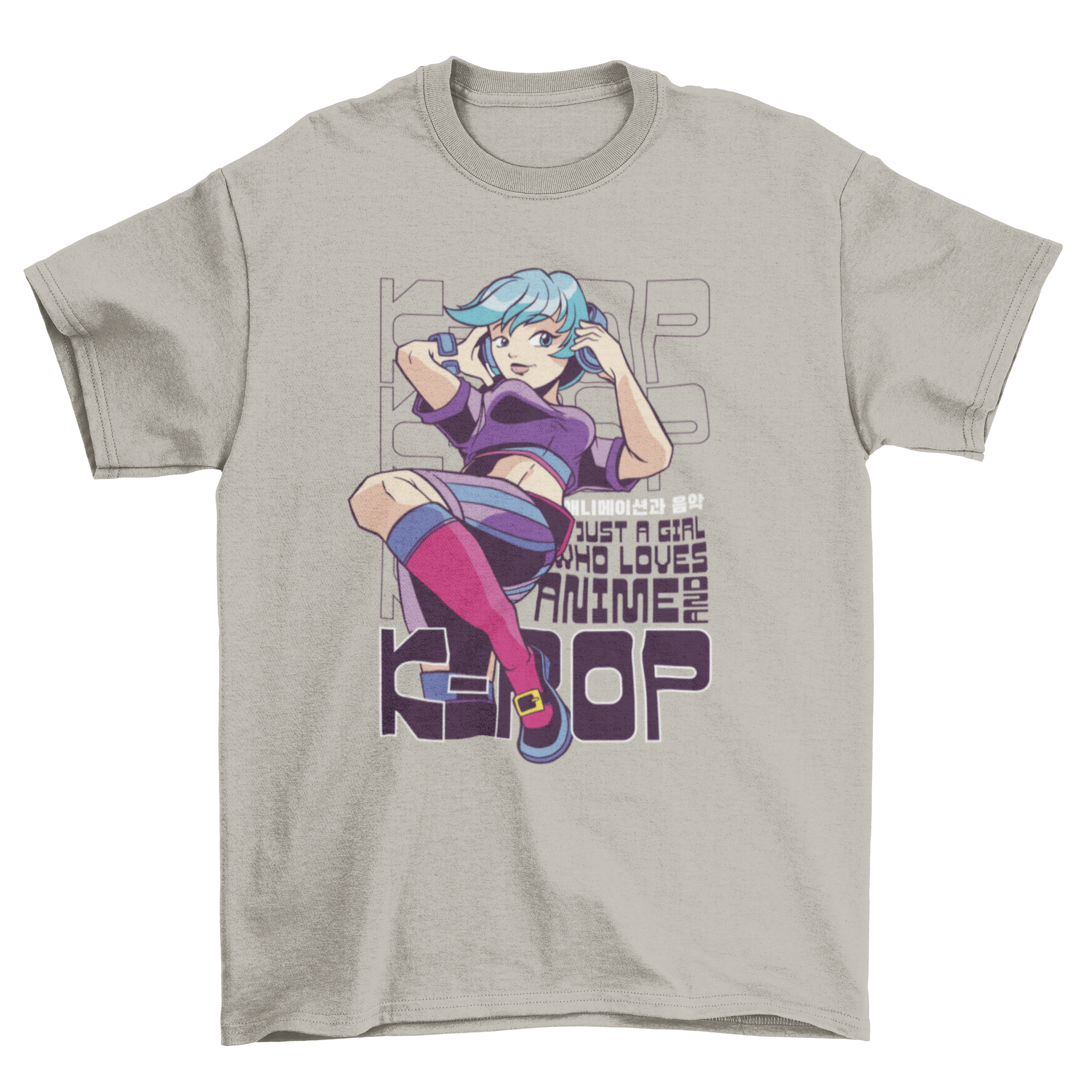 K-pop and anime girl quote t-shirt featuring a stylish girl character and the quote 'Just a girl who loves anime and K-pop'.