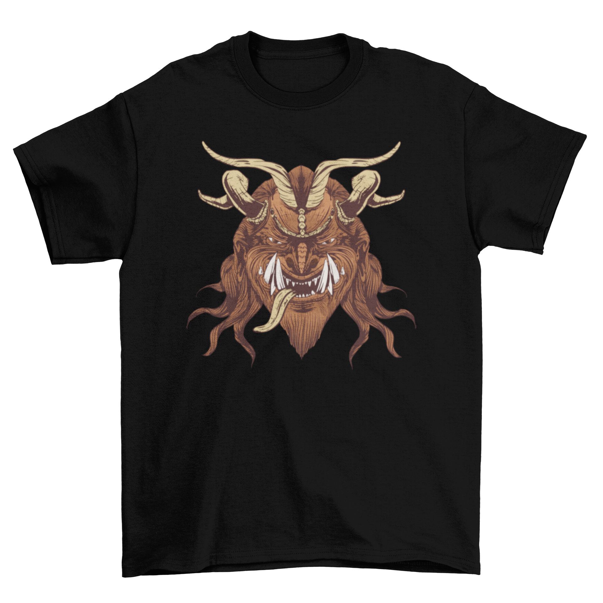 A creepy t-shirt featuring an illustration of the Krampus face, showcasing intricate details and vibrant colors.