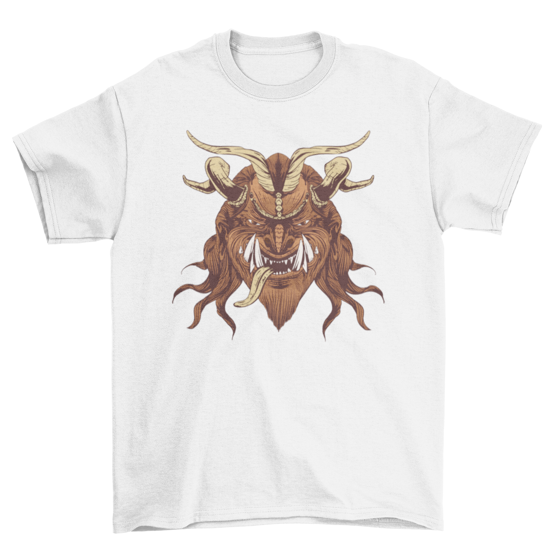 A creepy t-shirt featuring an illustration of the Krampus face, showcasing intricate details and vibrant colors.