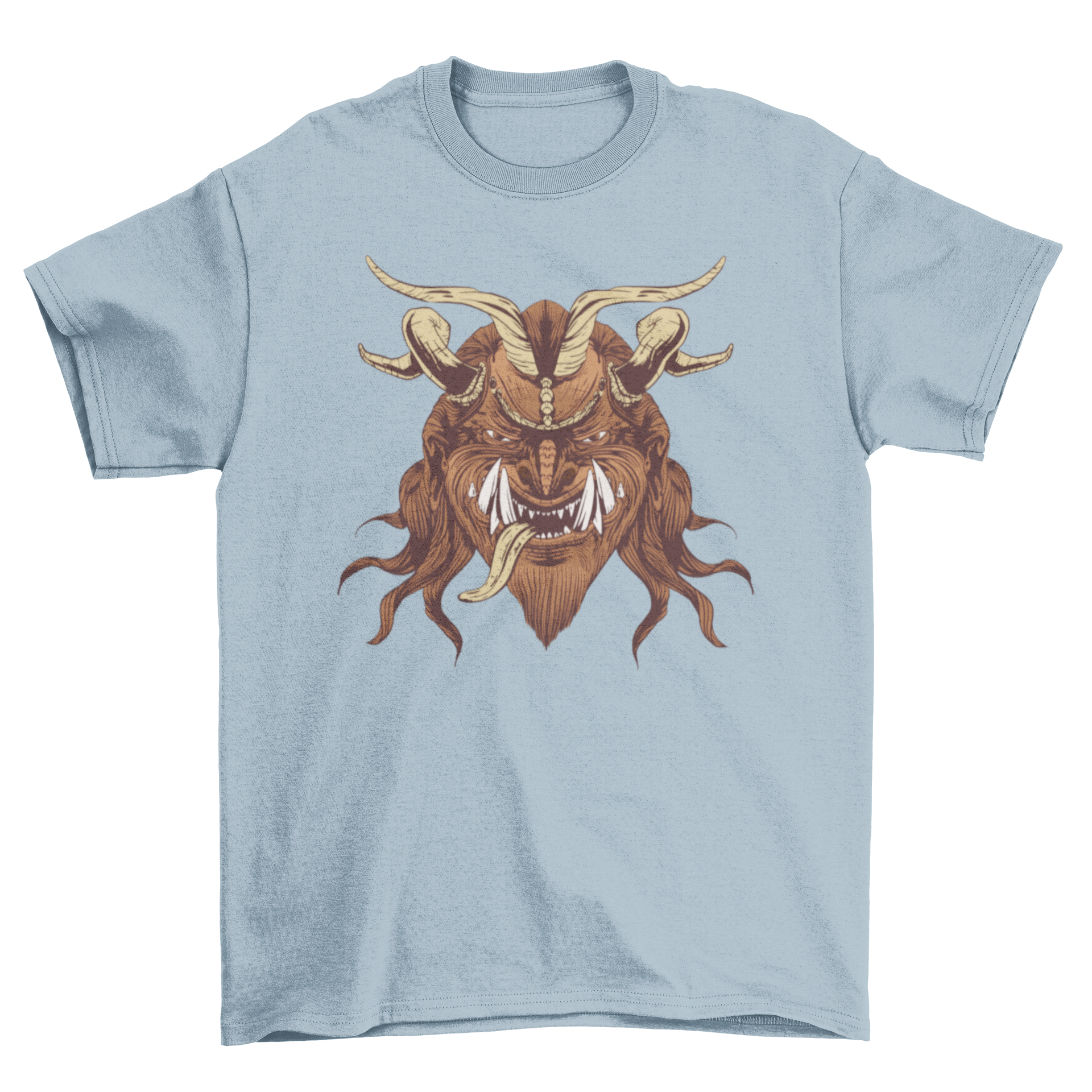 A creepy t-shirt featuring an illustration of the Krampus face, showcasing intricate details and vibrant colors.