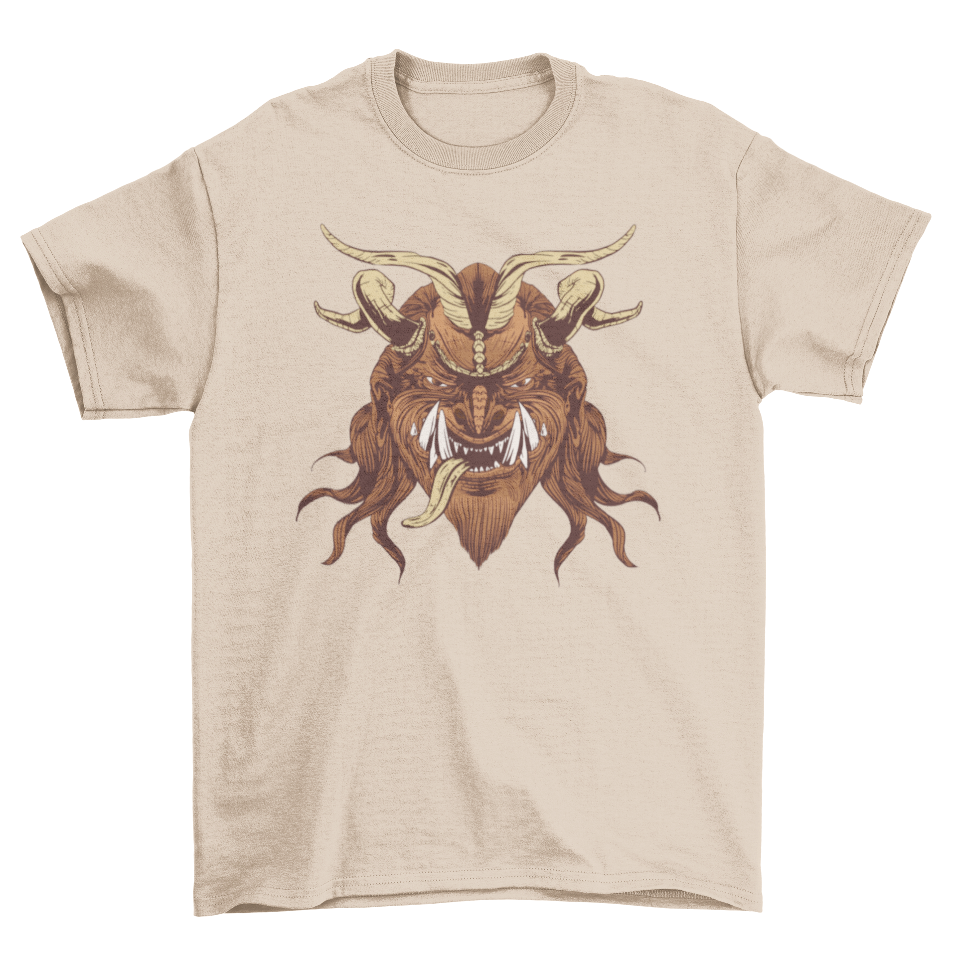 A creepy t-shirt featuring an illustration of the Krampus face, showcasing intricate details and vibrant colors.