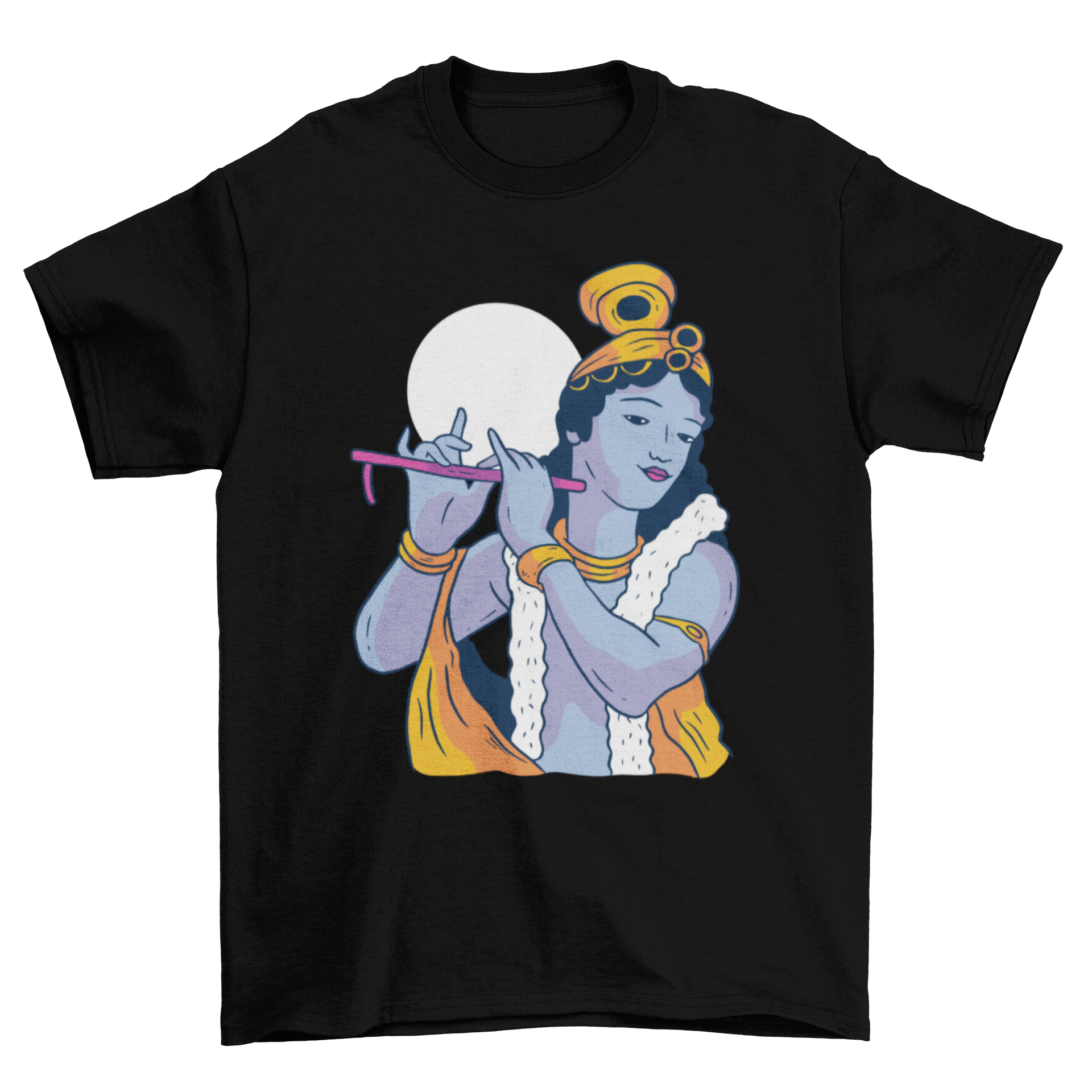 A vibrant t-shirt featuring an intricate illustration of Hindu God Krishna, showcasing his divine charm and playful nature.