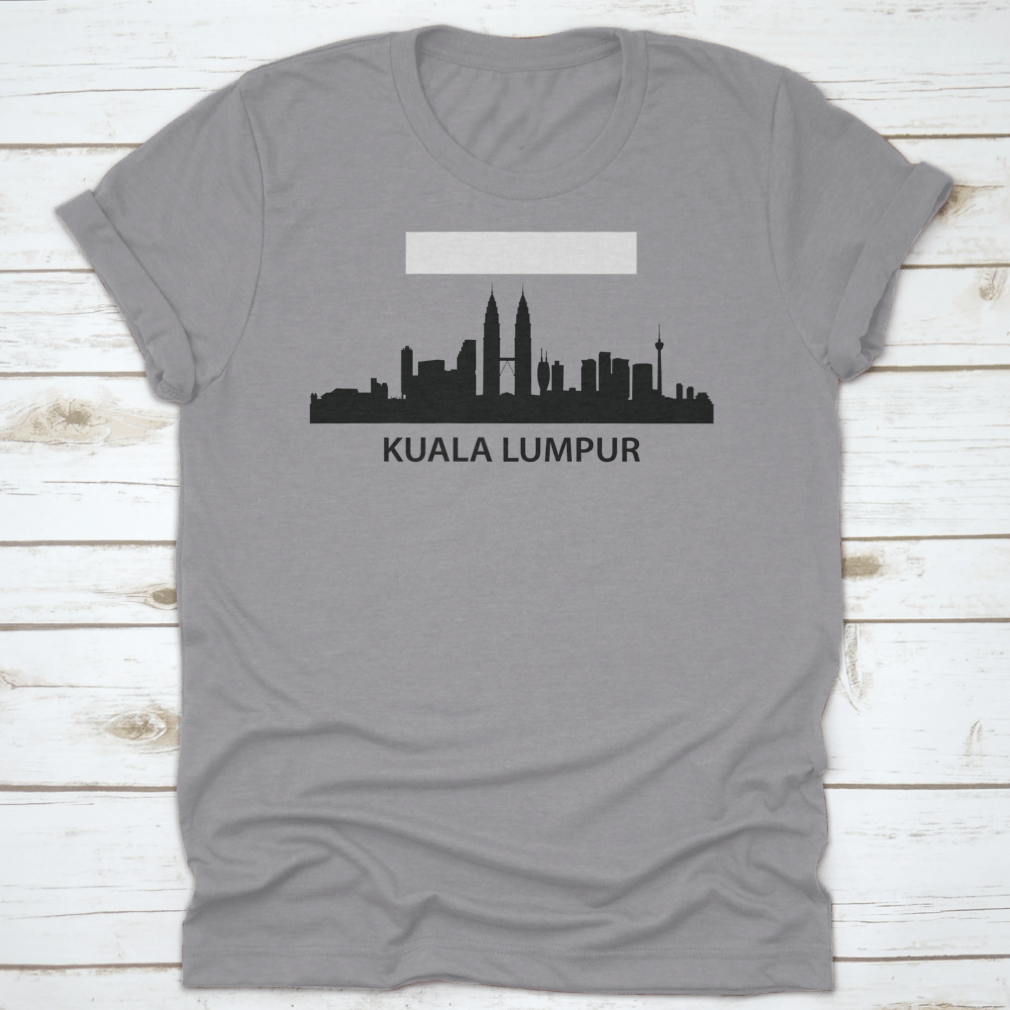 A stylish black print design t-shirt featuring Kuala Lumpur's iconic skyline, made from 100% cotton for comfort.