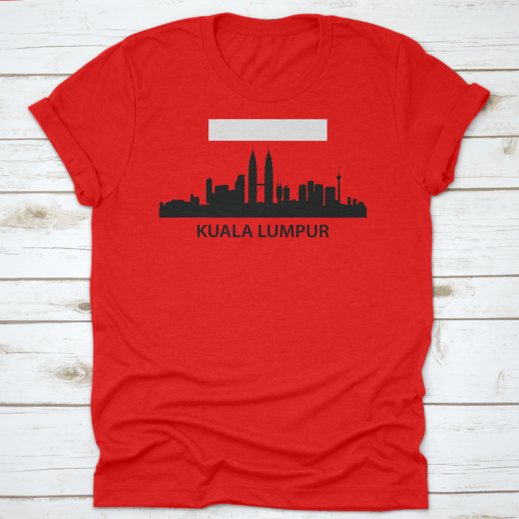 A stylish black print design t-shirt featuring Kuala Lumpur's iconic skyline, made from 100% cotton for comfort.