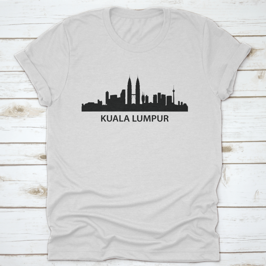 A stylish black print design t-shirt featuring Kuala Lumpur's iconic skyline, made from 100% cotton for comfort.