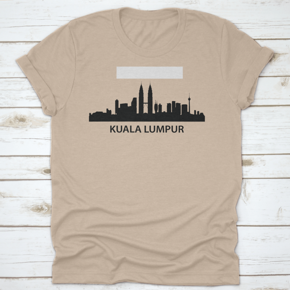 A stylish black print design t-shirt featuring Kuala Lumpur's iconic skyline, made from 100% cotton for comfort.