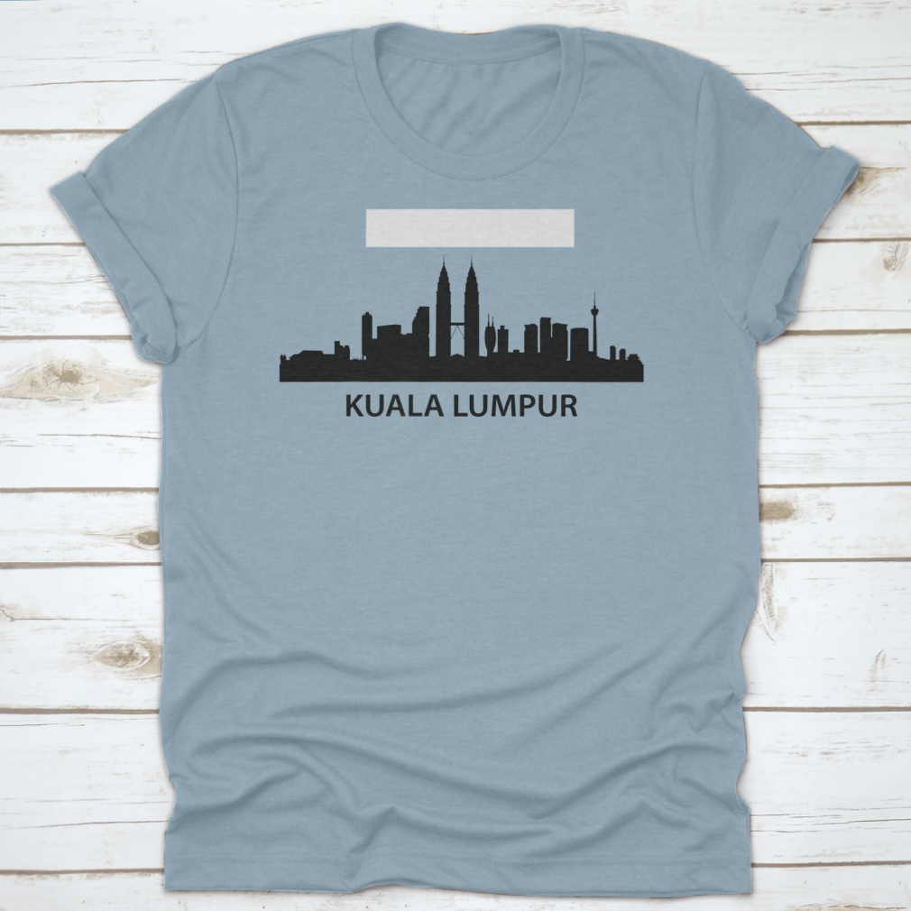 A stylish black print design t-shirt featuring Kuala Lumpur's iconic skyline, made from 100% cotton for comfort.