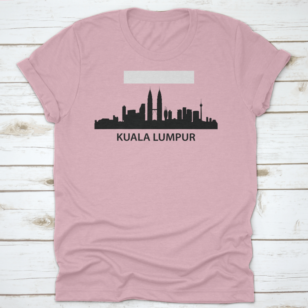 A stylish black print design t-shirt featuring Kuala Lumpur's iconic skyline, made from 100% cotton for comfort.