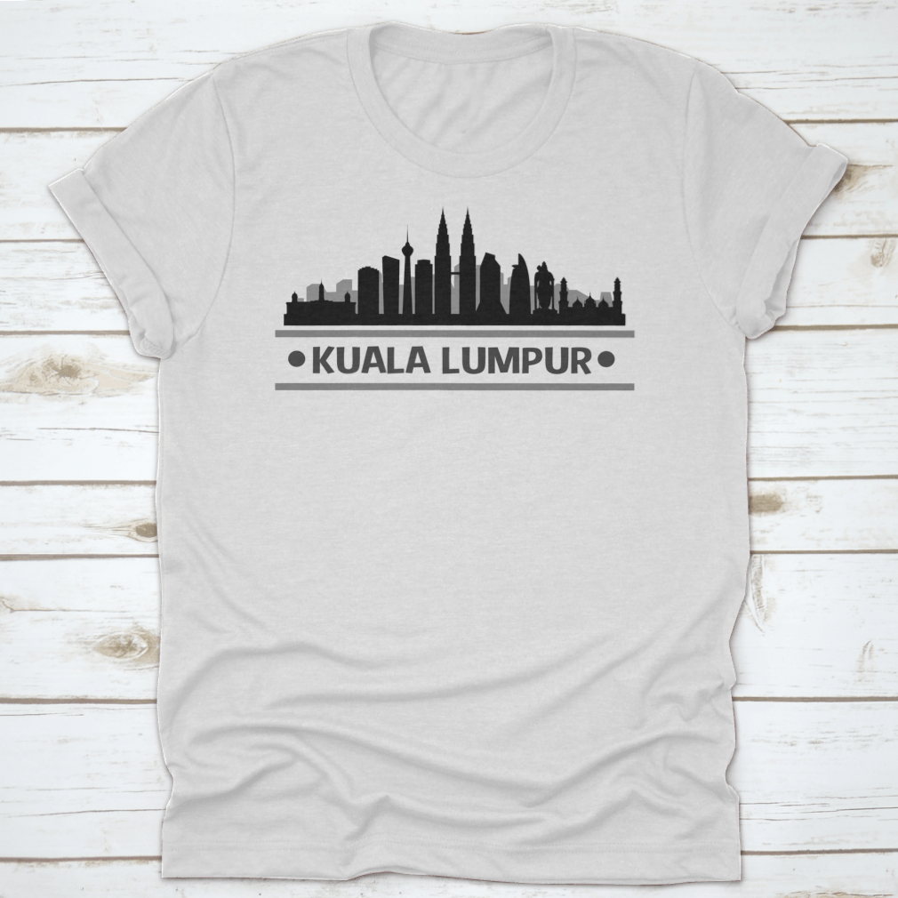 Kuala Lumpur Skyline Stamp silhouette design on a cotton t-shirt, showcasing iconic city landmarks.