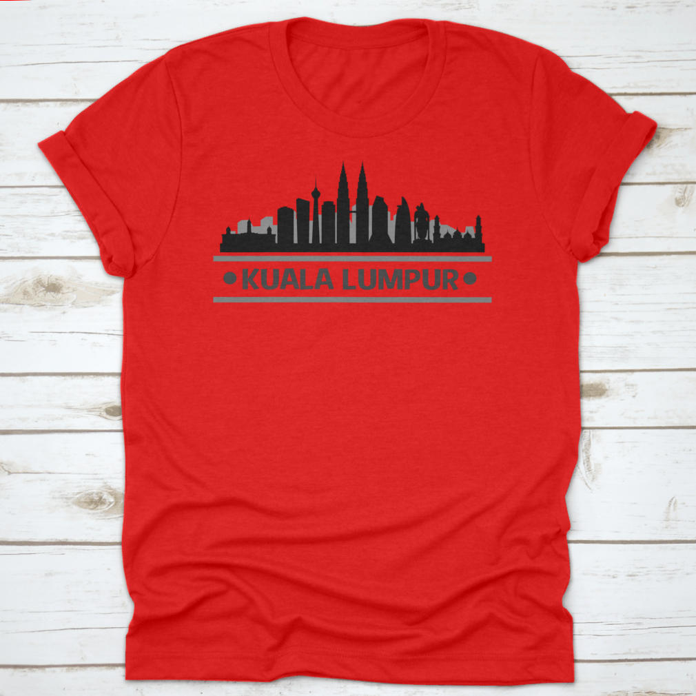 Kuala Lumpur Skyline Stamp silhouette design on a cotton t-shirt, showcasing iconic city landmarks.