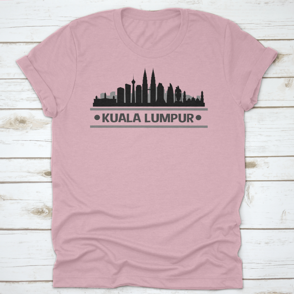 Kuala Lumpur Skyline Stamp silhouette design on a cotton t-shirt, showcasing iconic city landmarks.