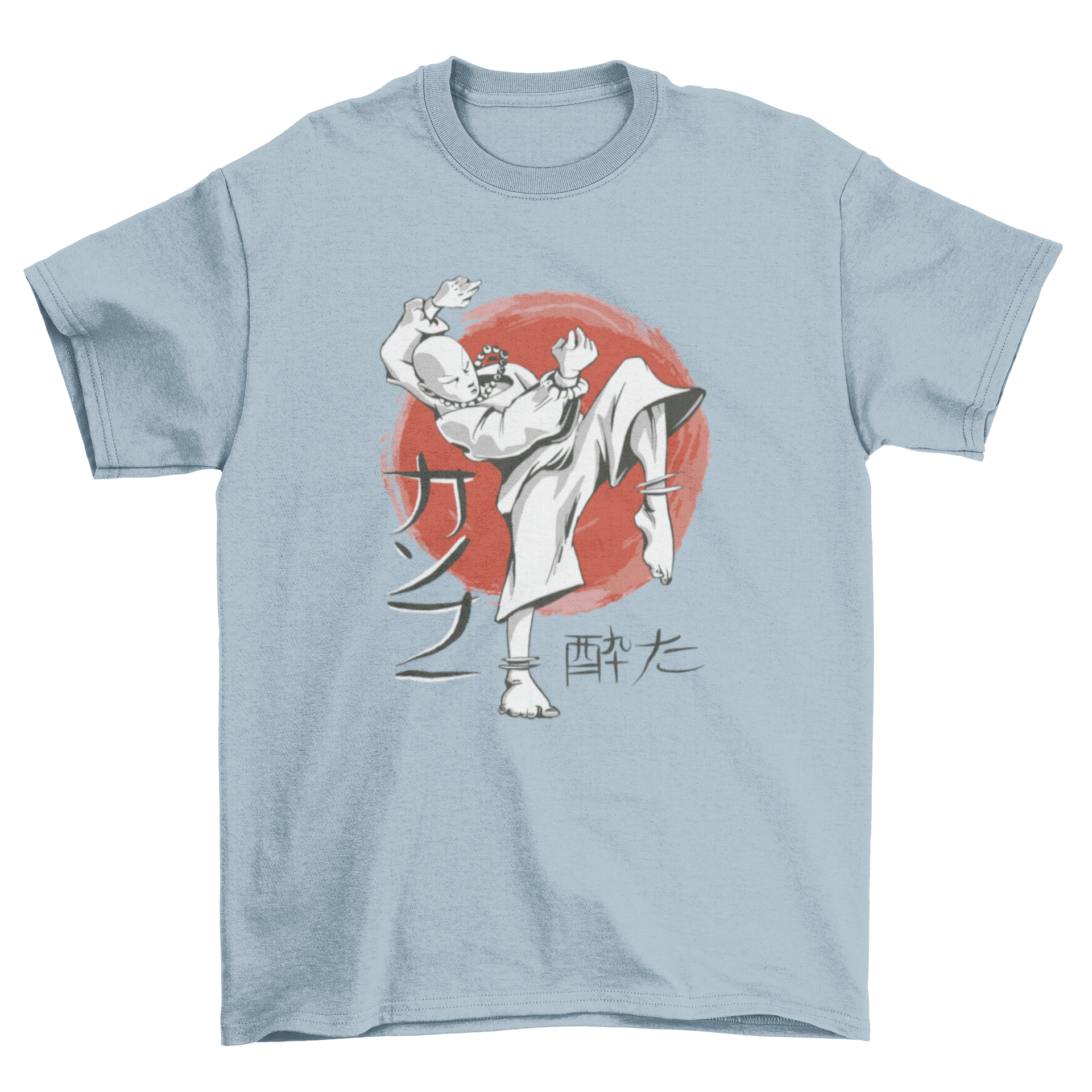 A stylish Kung Fu boy t-shirt featuring a boy performing martial arts with a circular background design.