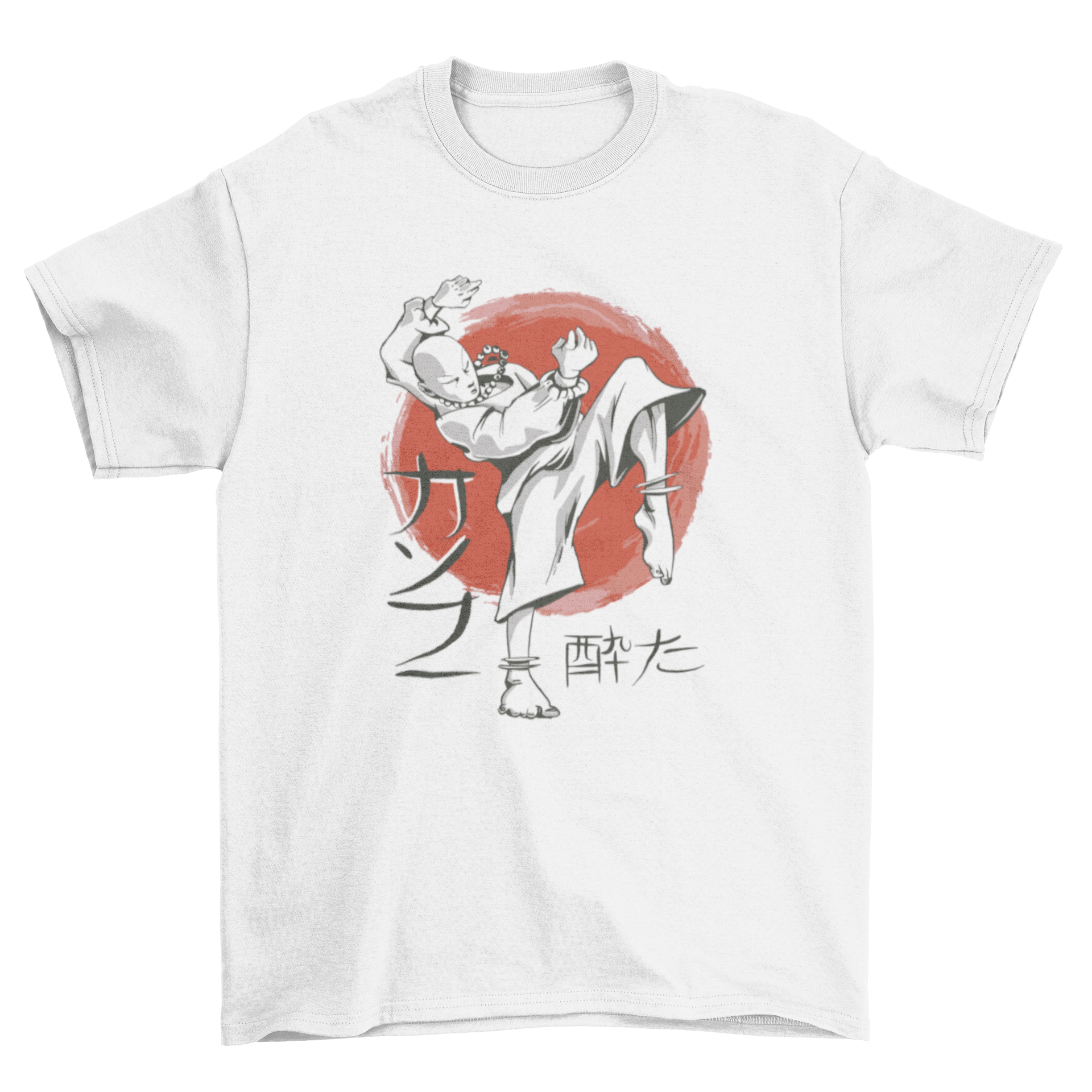 A stylish Kung Fu boy t-shirt featuring a boy performing martial arts with a circular background design.