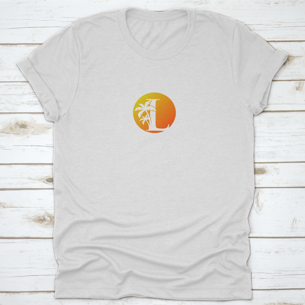 L Letter Palm Tree and Sun Set Logo Icon on a cotton shirt, showcasing a vibrant design perfect for surfing enthusiasts.