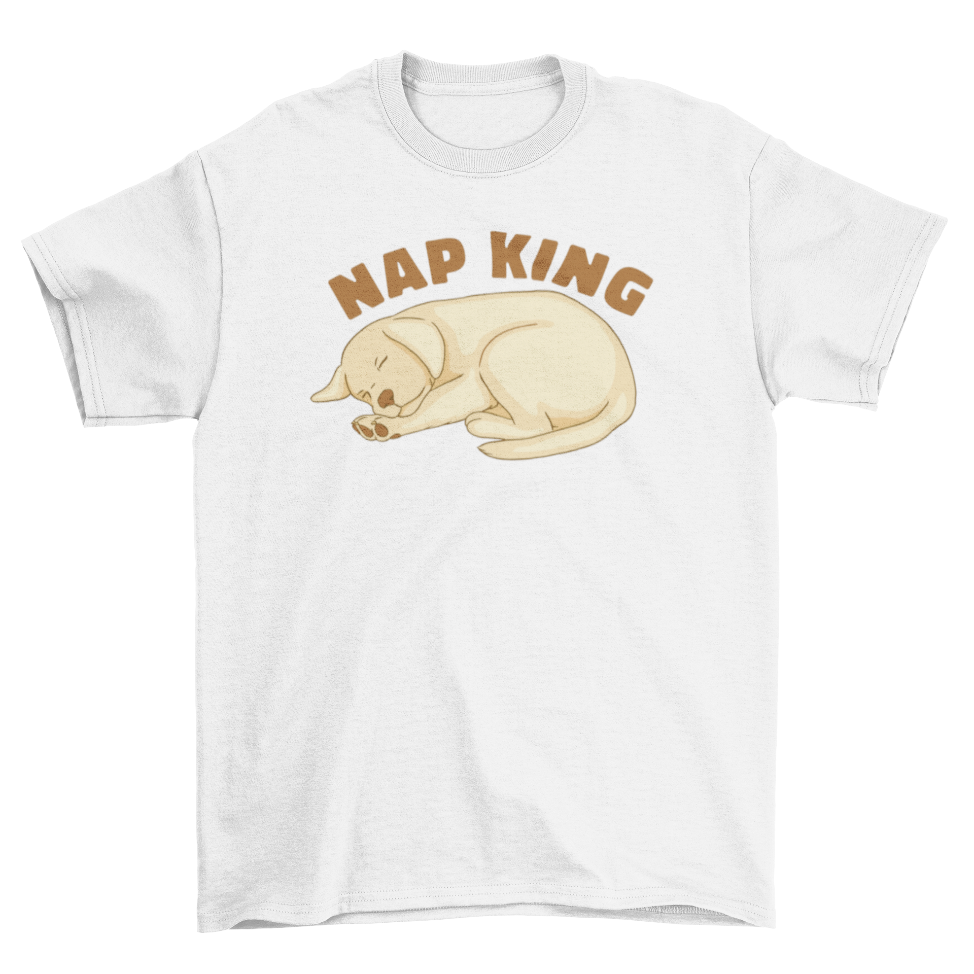 A cute t-shirt featuring a sleeping Labrador puppy with the quote 'Nap king' in playful font.