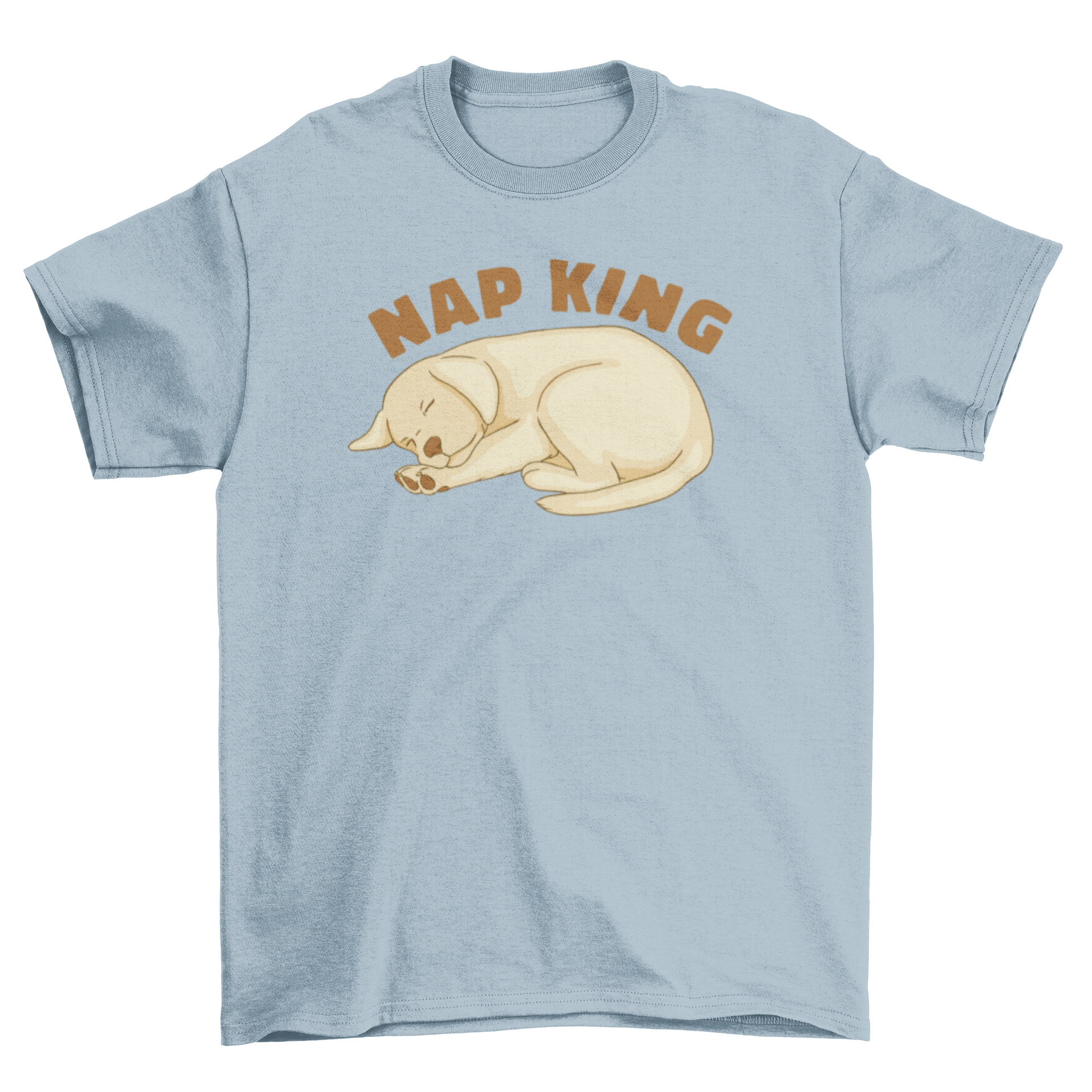 A cute t-shirt featuring a sleeping Labrador puppy with the quote 'Nap king' in playful font.