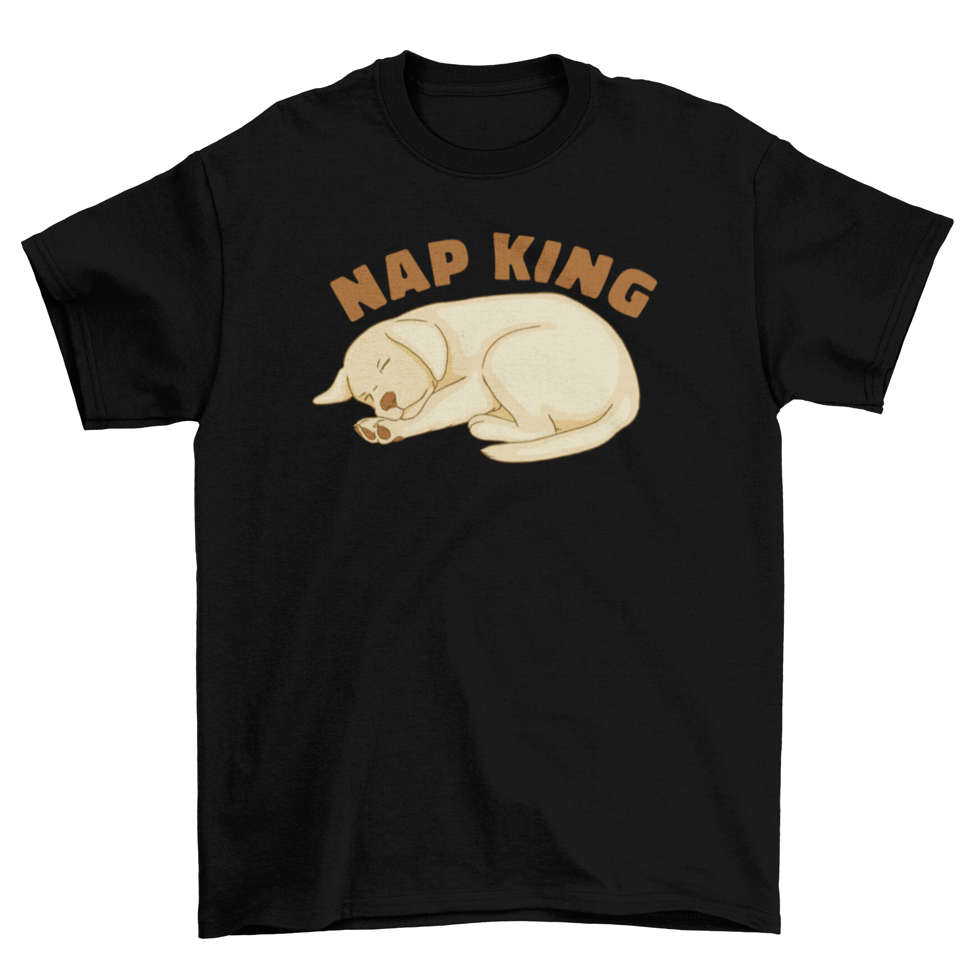 A cute t-shirt featuring a sleeping Labrador puppy with the quote 'Nap king' in playful font.