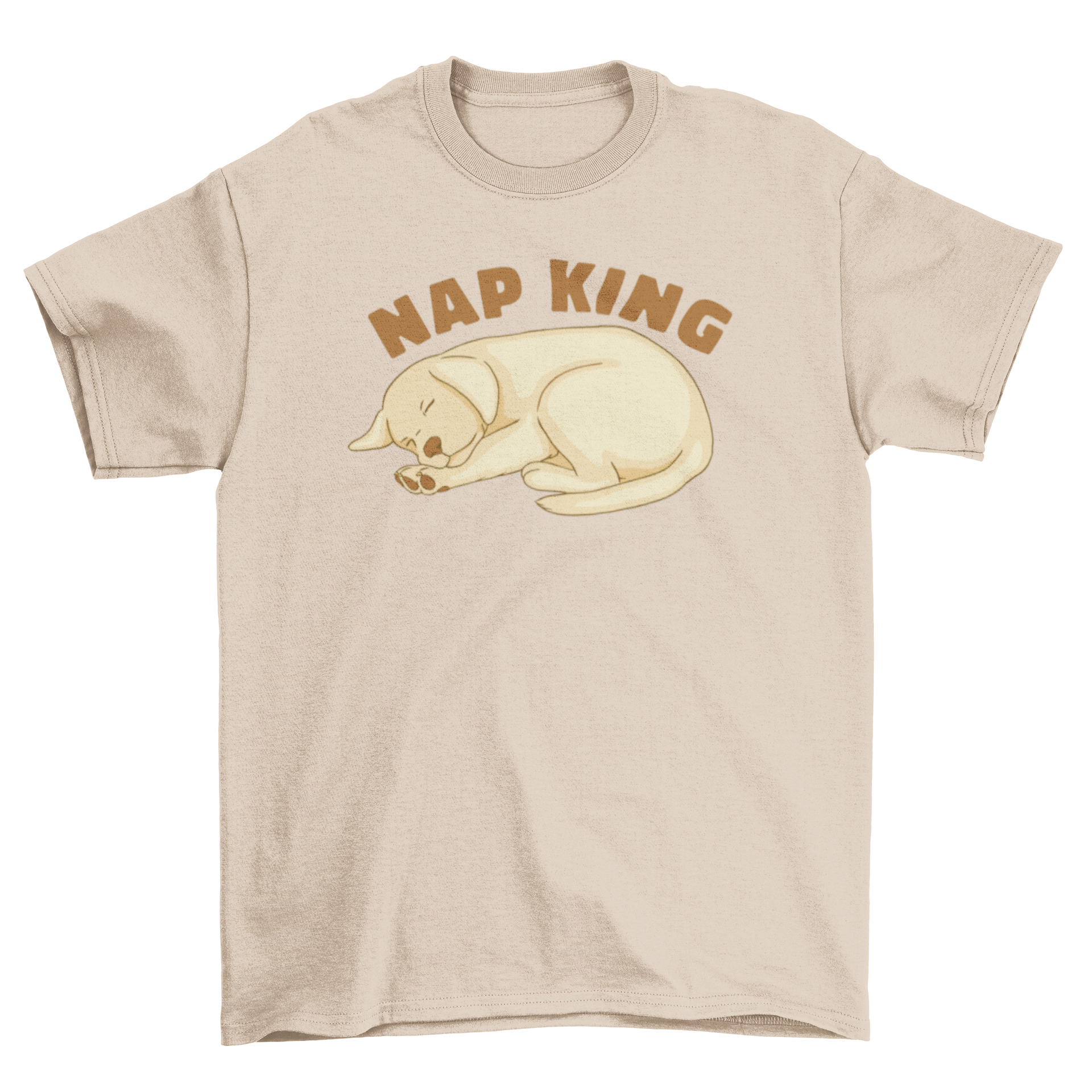 A cute t-shirt featuring a sleeping Labrador puppy with the quote 'Nap king' in playful font.