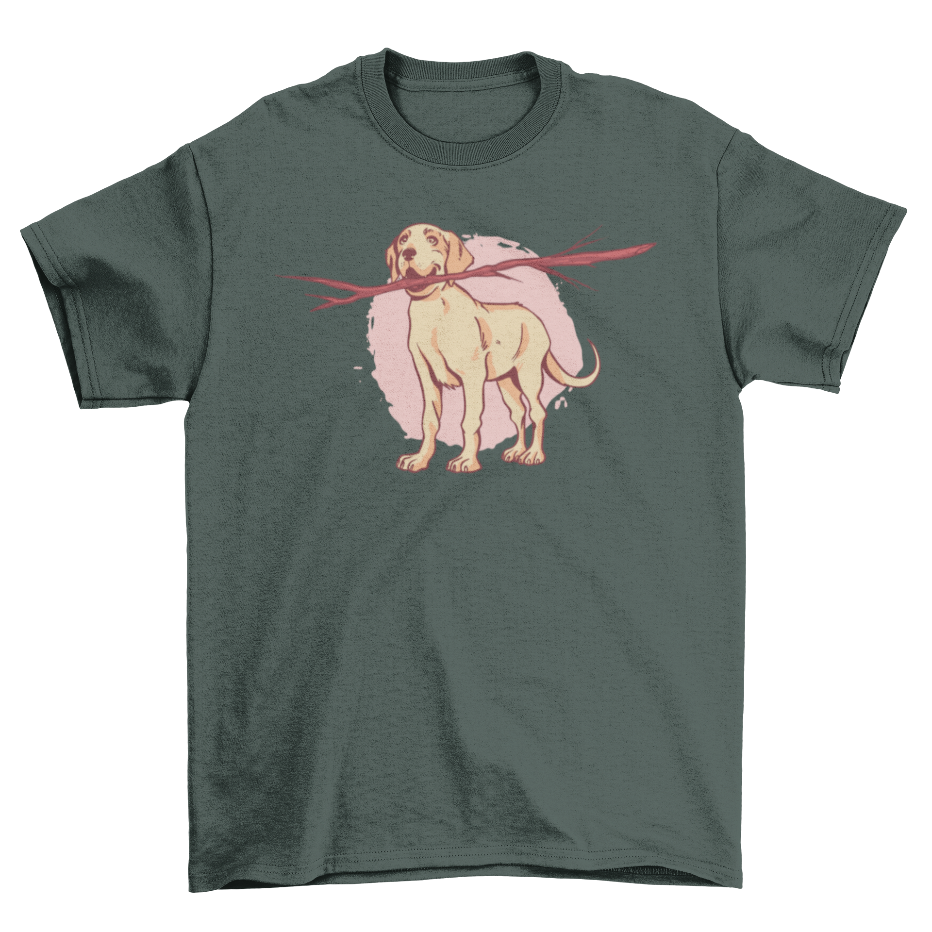 A cute t-shirt featuring a Labrador Retriever holding a big stick in its mouth, perfect for dog lovers.