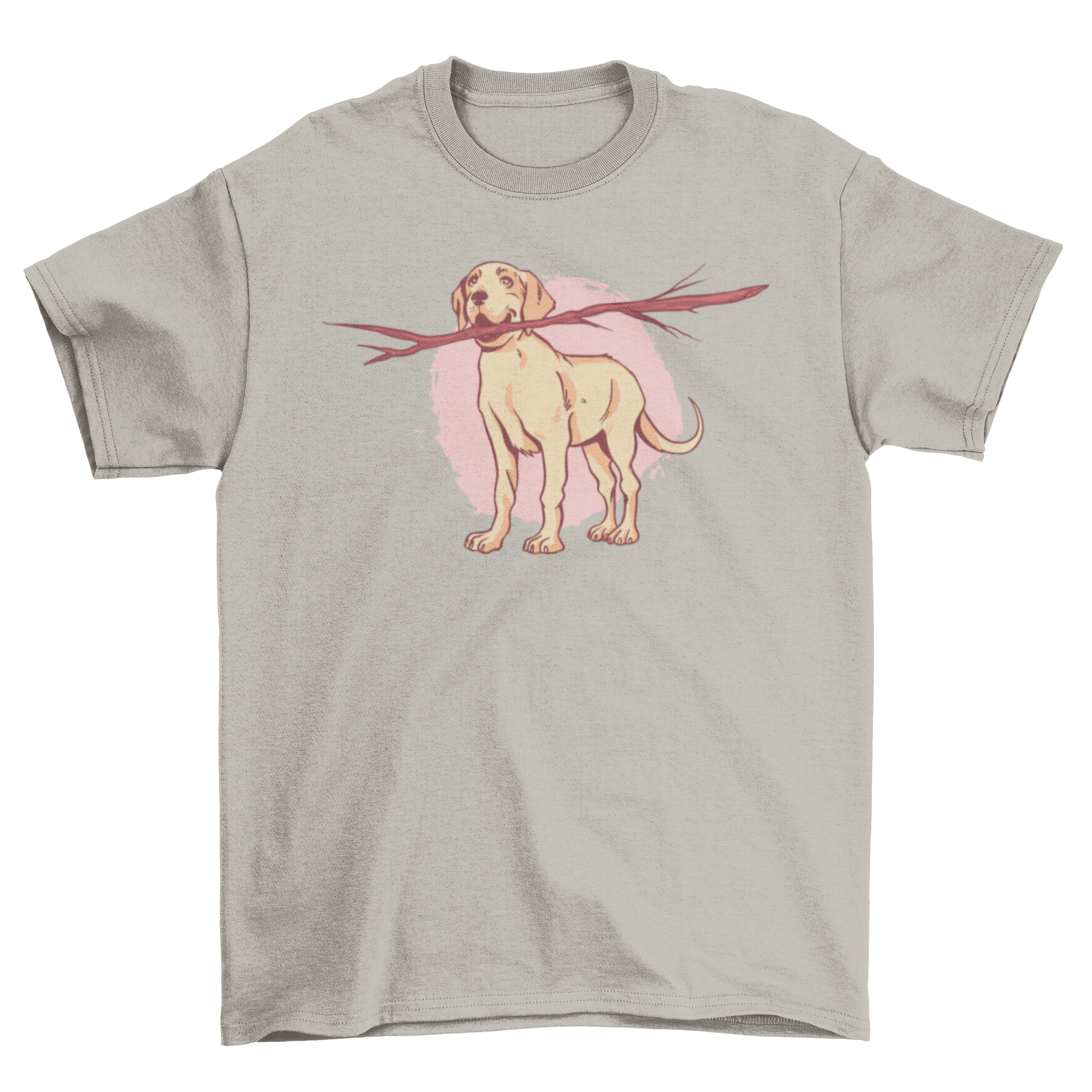 A cute t-shirt featuring a Labrador Retriever holding a big stick in its mouth, perfect for dog lovers.