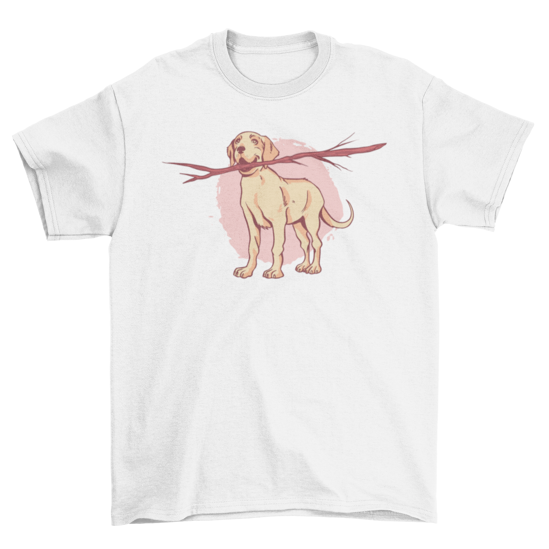 A cute t-shirt featuring a Labrador Retriever holding a big stick in its mouth, perfect for dog lovers.