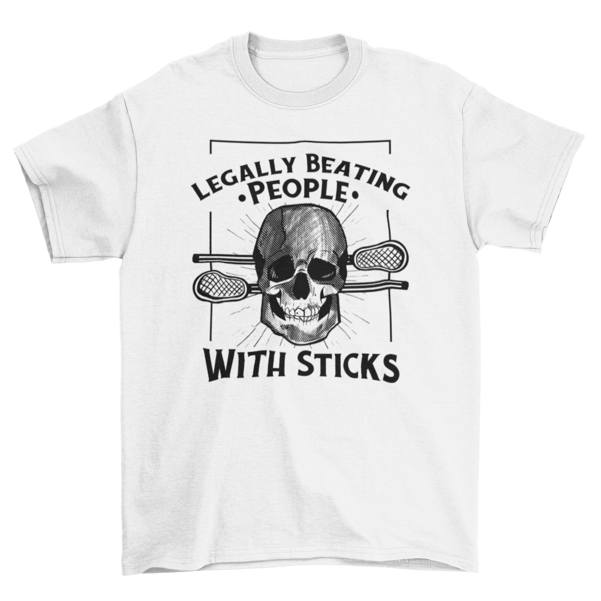 Lacrosse skull t-shirt featuring a bold skull design and humorous caption.