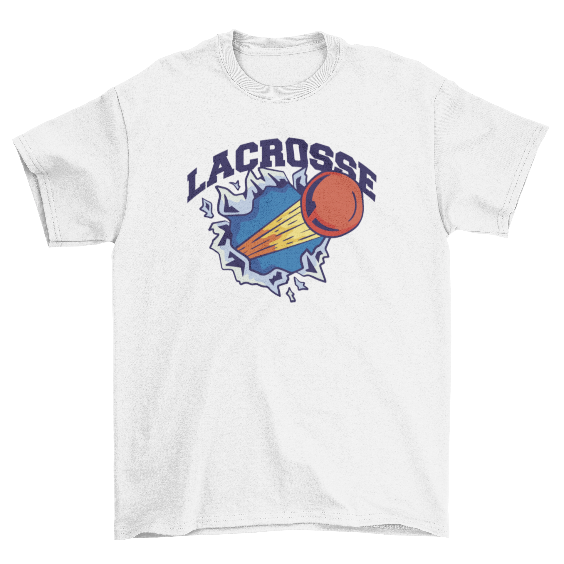 Lacrosse Wild T-Shirt featuring a lacrosse ball breaking a wall with the quote 'Lacrosse'.