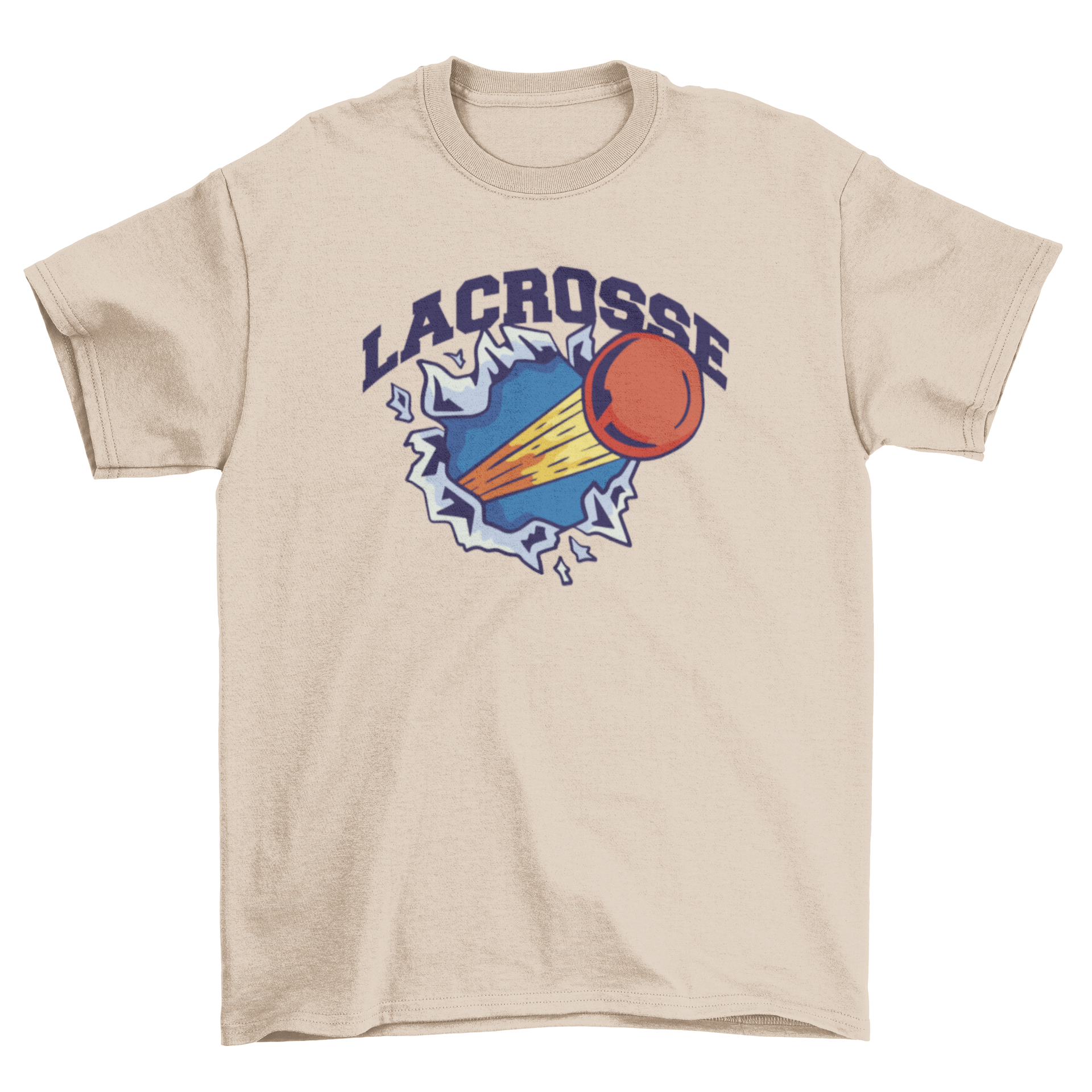 Lacrosse Wild T-Shirt featuring a lacrosse ball breaking a wall with the quote 'Lacrosse'.