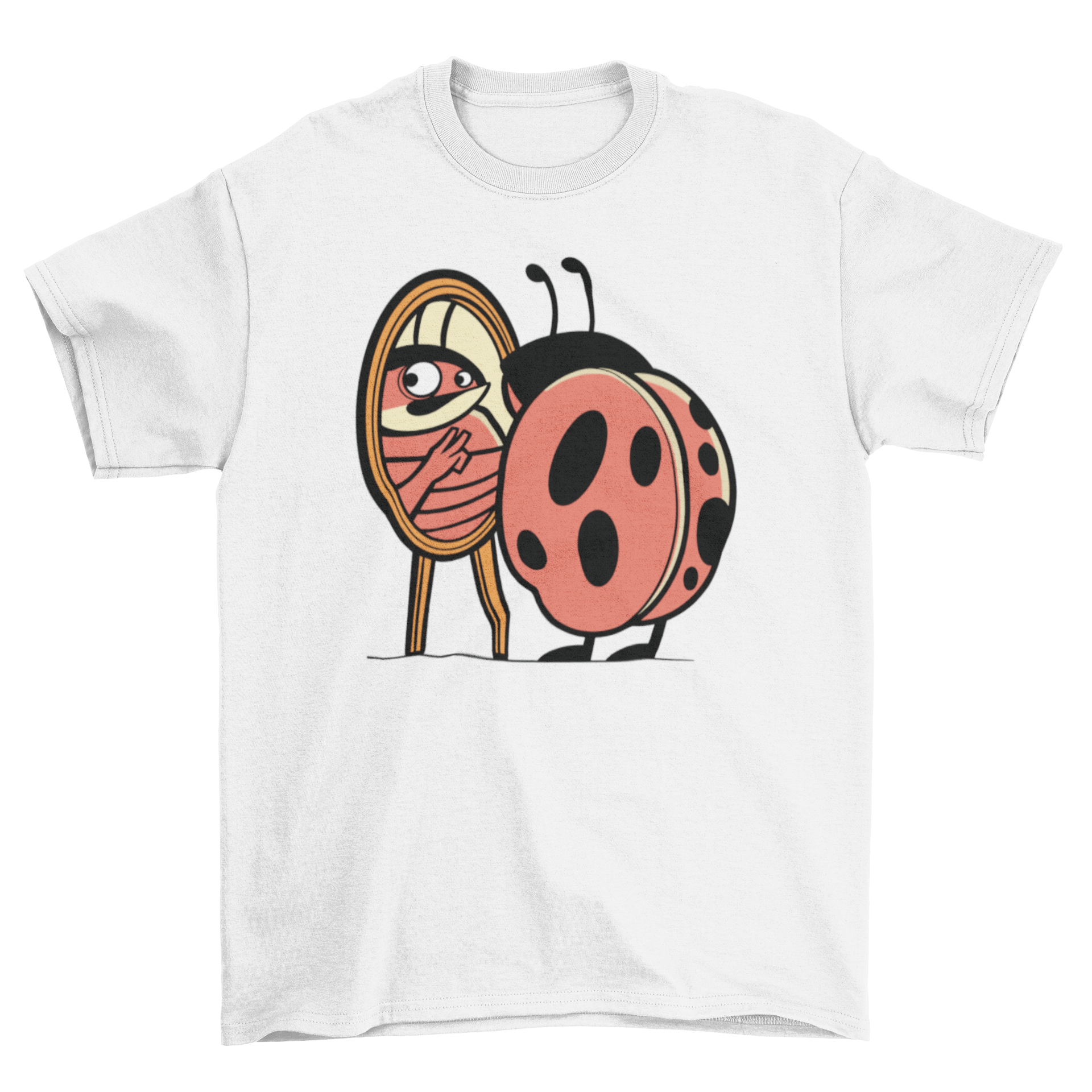 A colorful cartoon ladybug looking into a mirror, counting its spots, featured on a t-shirt.