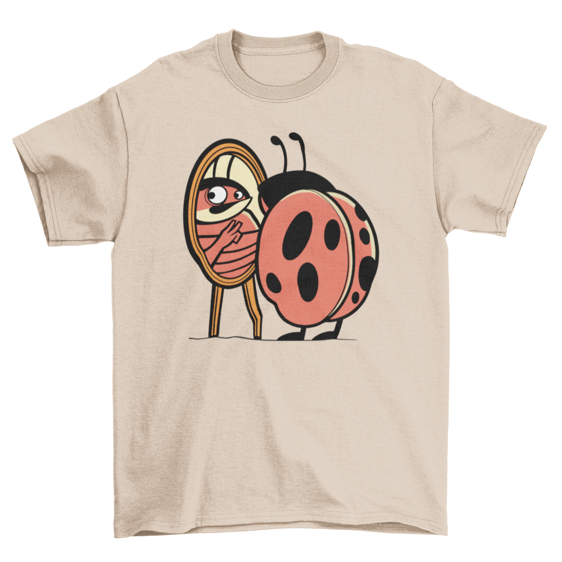 A colorful cartoon ladybug looking into a mirror, counting its spots, featured on a t-shirt.