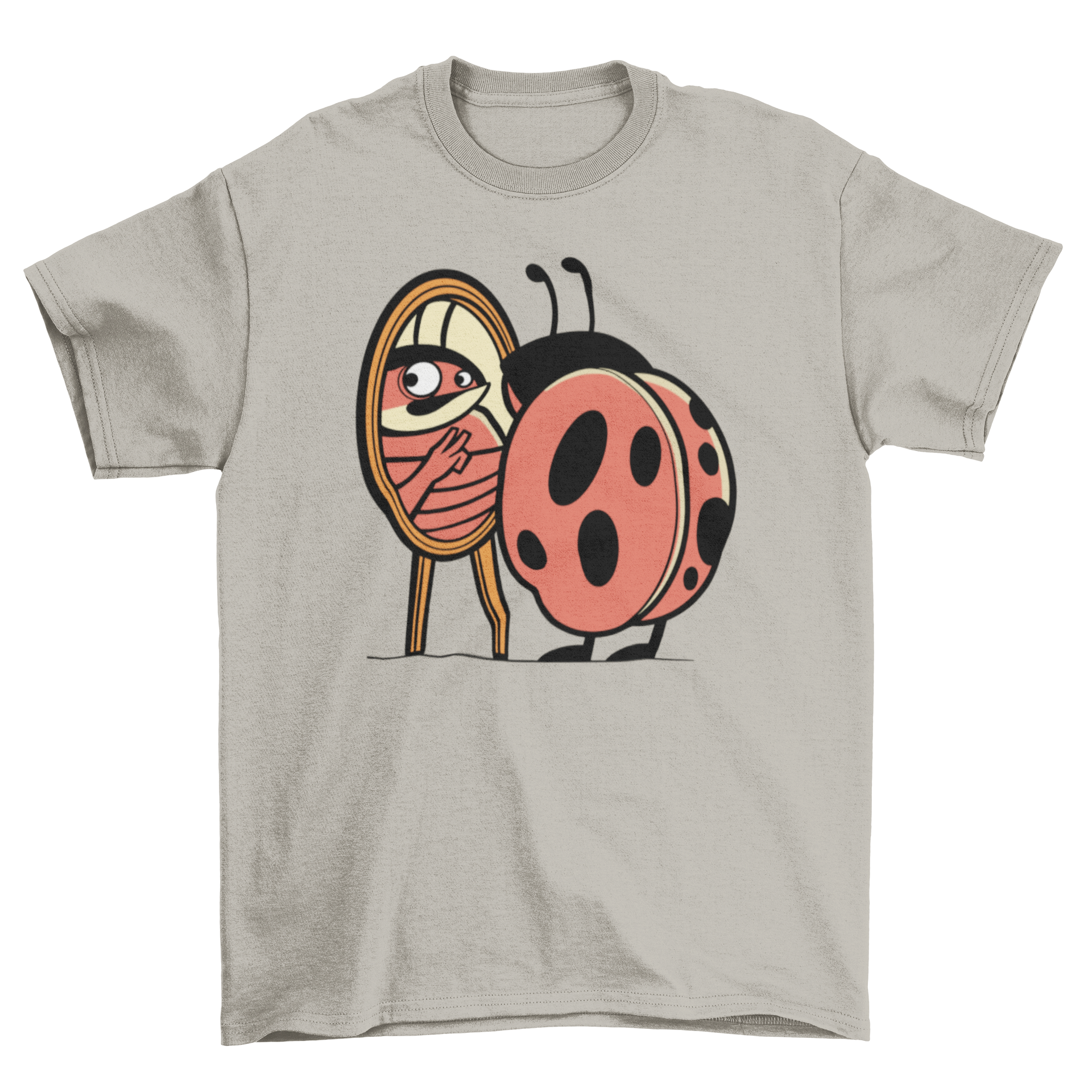 A colorful cartoon ladybug looking into a mirror, counting its spots, featured on a t-shirt.