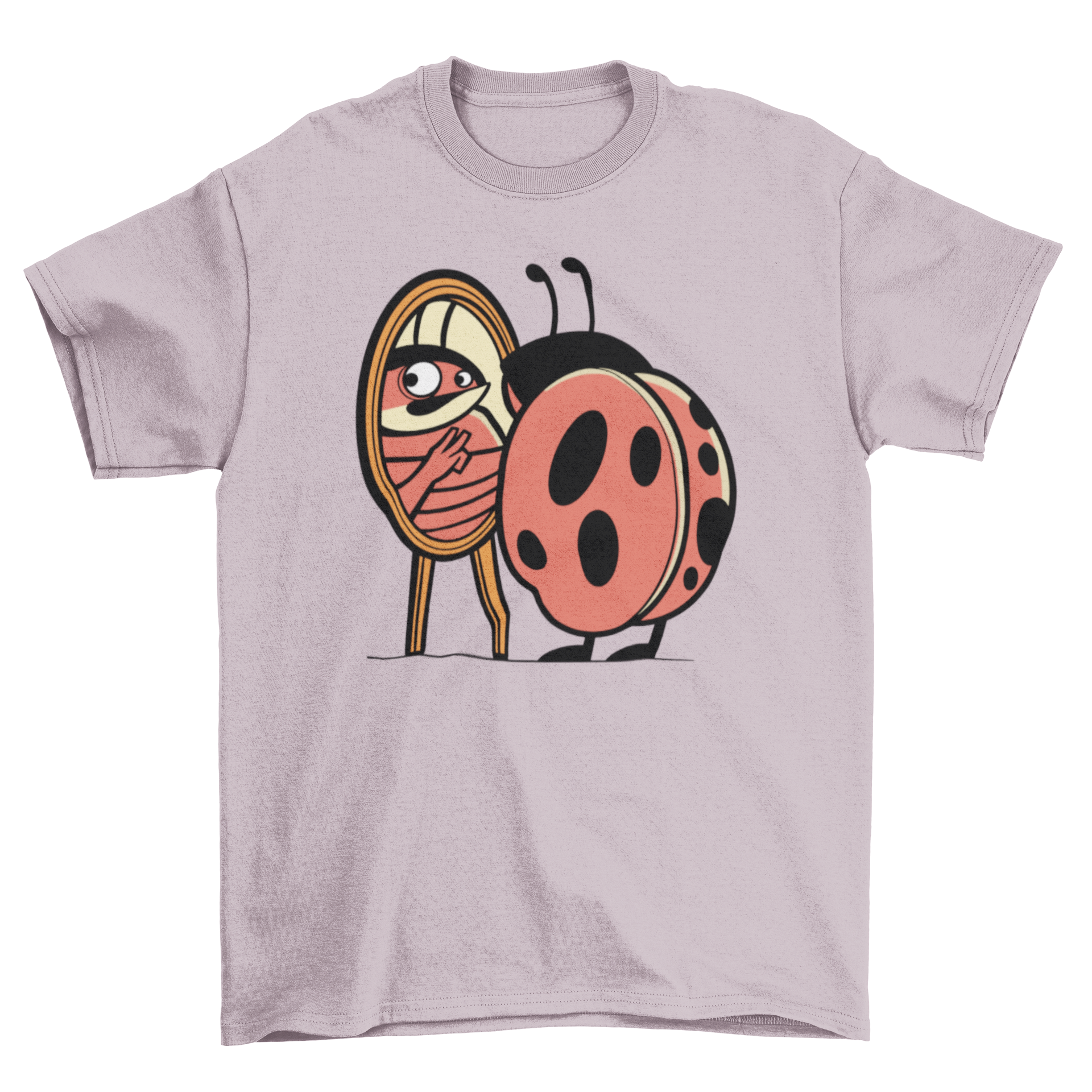 A colorful cartoon ladybug looking into a mirror, counting its spots, featured on a t-shirt.