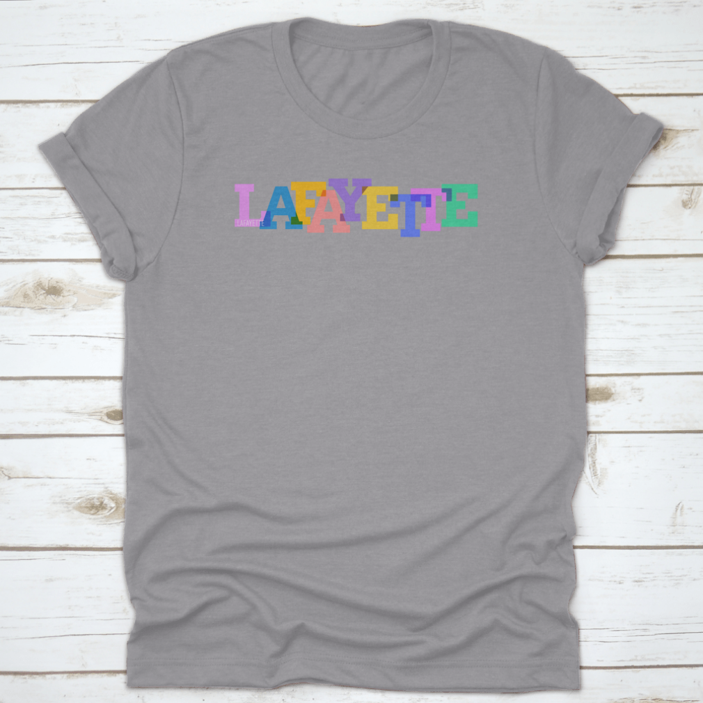 A white t-shirt featuring a vector design of the city name Lafayette, showcasing a modern and stylish look.