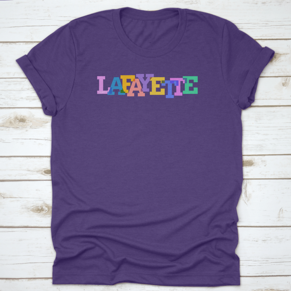 A white t-shirt featuring a vector design of the city name Lafayette, showcasing a modern and stylish look.