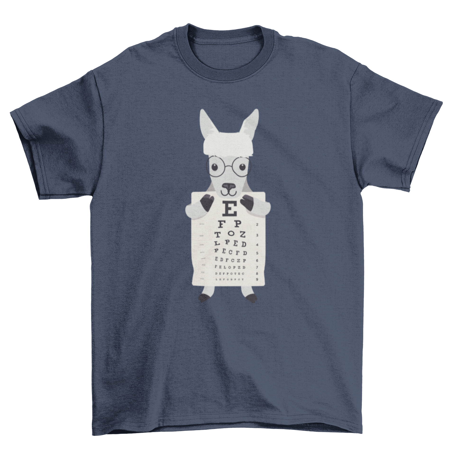 A cartoon llama holding an eye exam chart on a stylish t-shirt, showcasing a fun and quirky design.