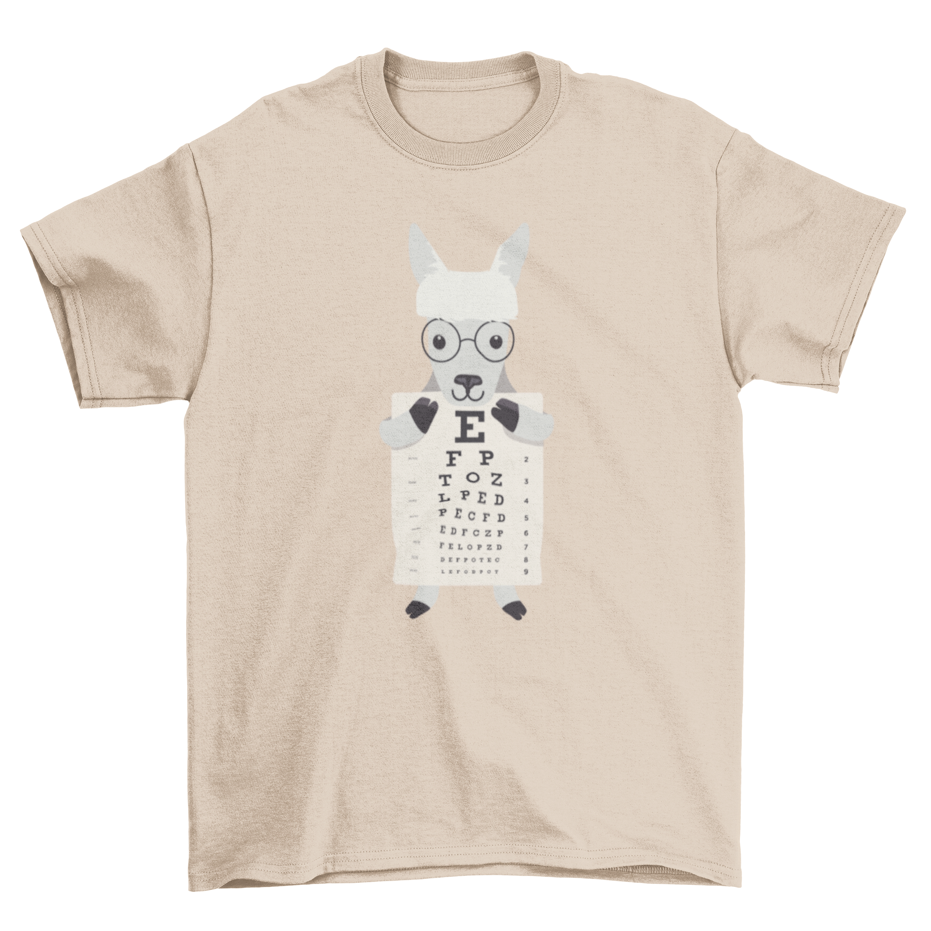 A cartoon llama holding an eye exam chart on a stylish t-shirt, showcasing a fun and quirky design.