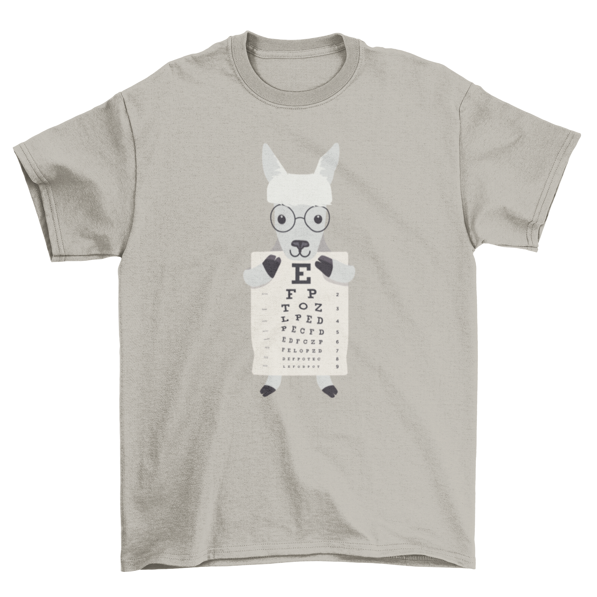 A cartoon llama holding an eye exam chart on a stylish t-shirt, showcasing a fun and quirky design.