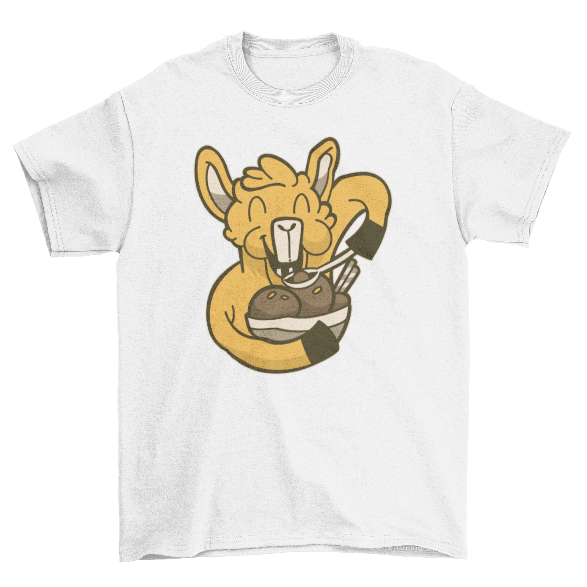 A playful t-shirt featuring a llama joyfully eating a bowl of chocolate ice cream, perfect for casual wear.