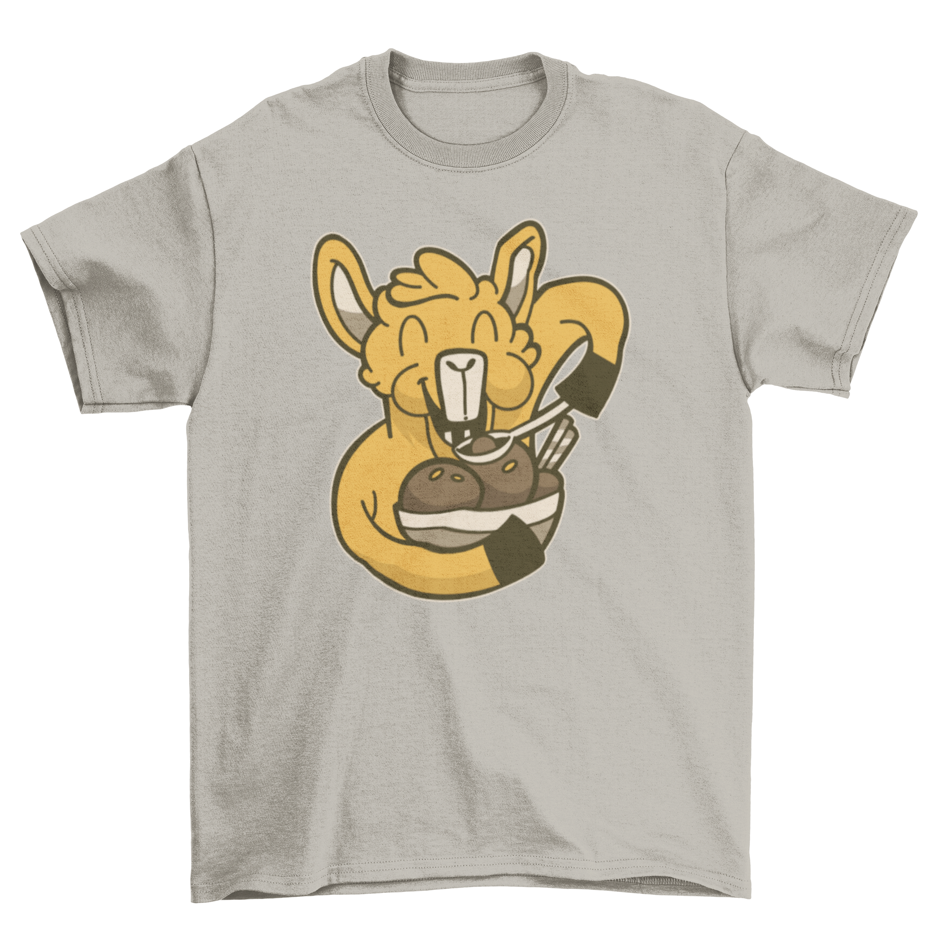 A playful t-shirt featuring a llama joyfully eating a bowl of chocolate ice cream, perfect for casual wear.