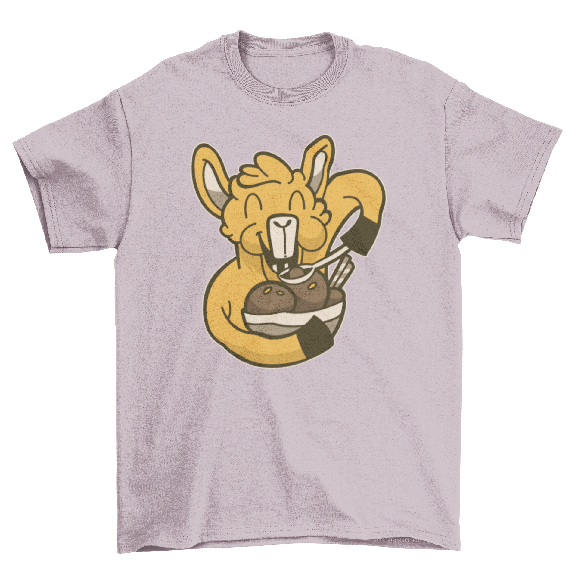 A playful t-shirt featuring a llama joyfully eating a bowl of chocolate ice cream, perfect for casual wear.