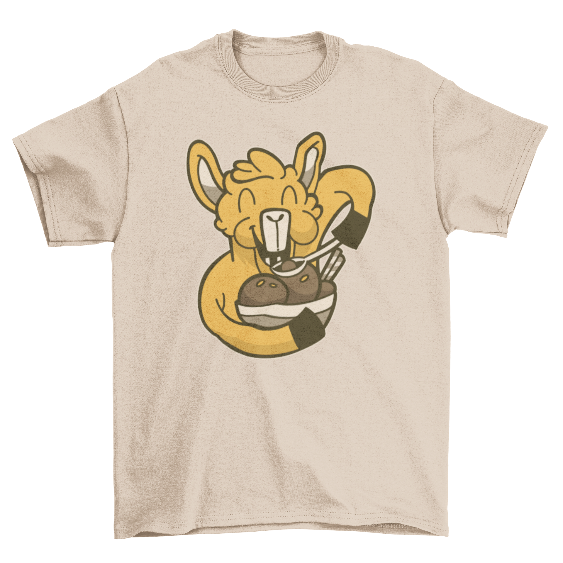 A playful t-shirt featuring a llama joyfully eating a bowl of chocolate ice cream, perfect for casual wear.