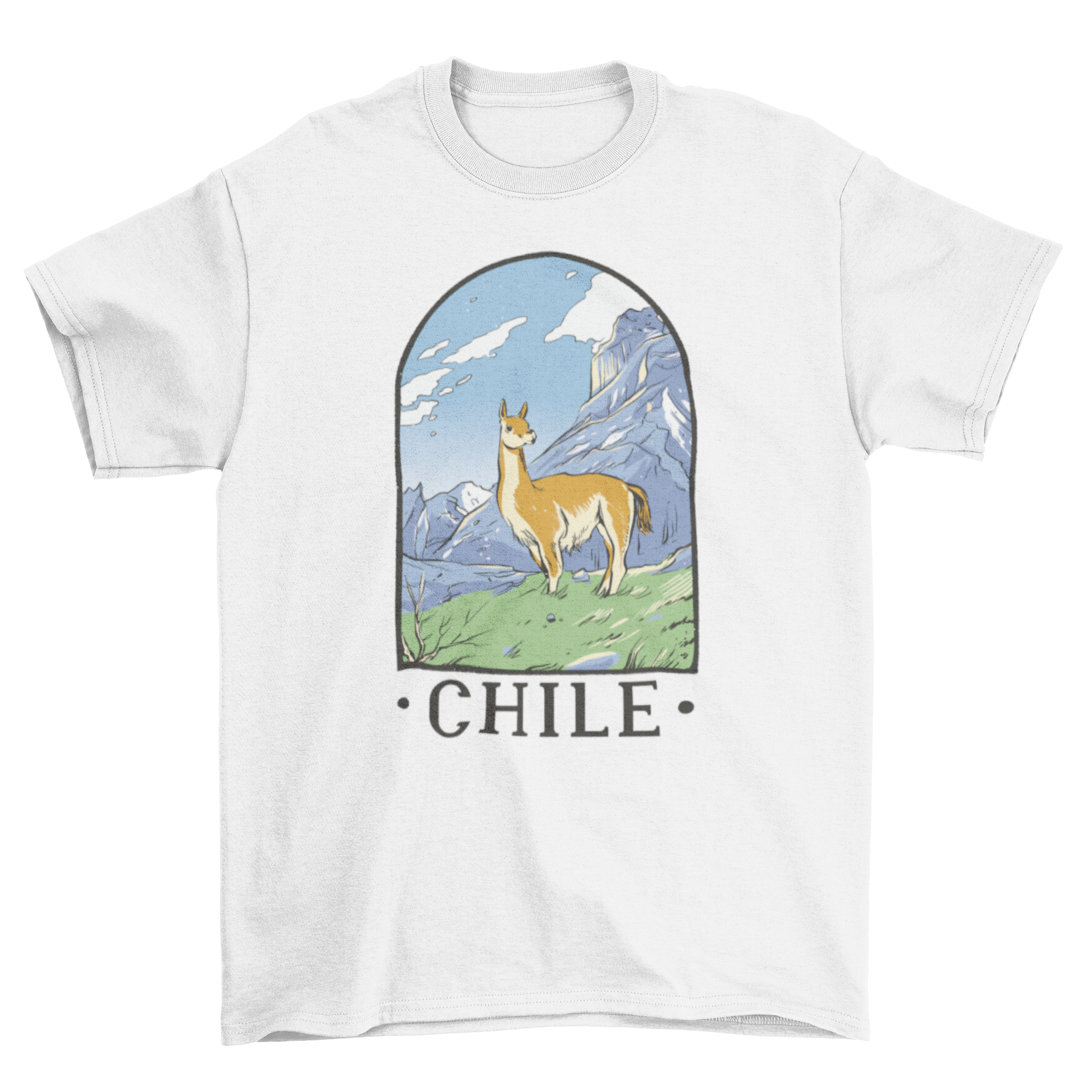 A stylish t-shirt featuring a llama in a scenic mountain landscape with the quote 'Chile'.