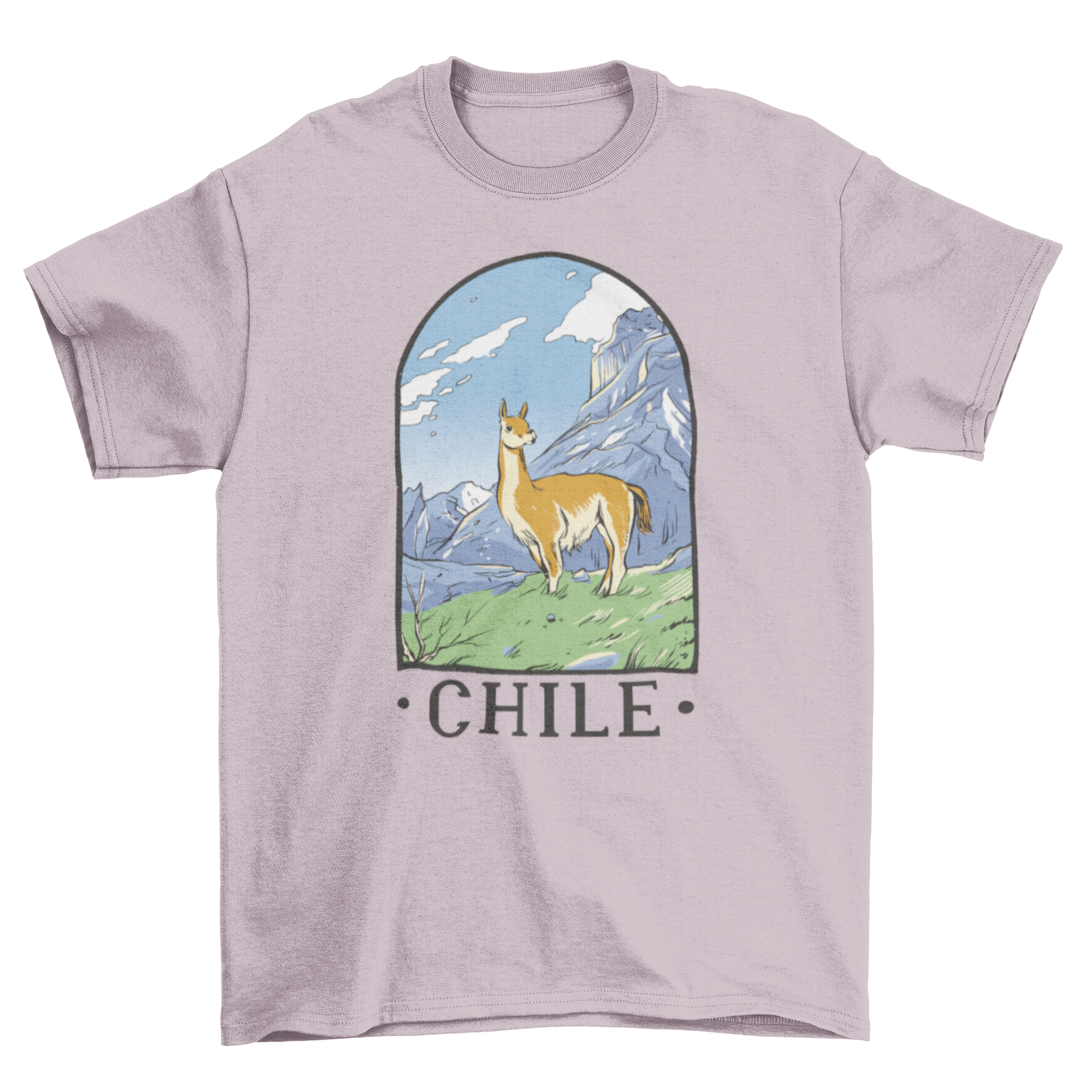 A stylish t-shirt featuring a llama in a scenic mountain landscape with the quote 'Chile'.