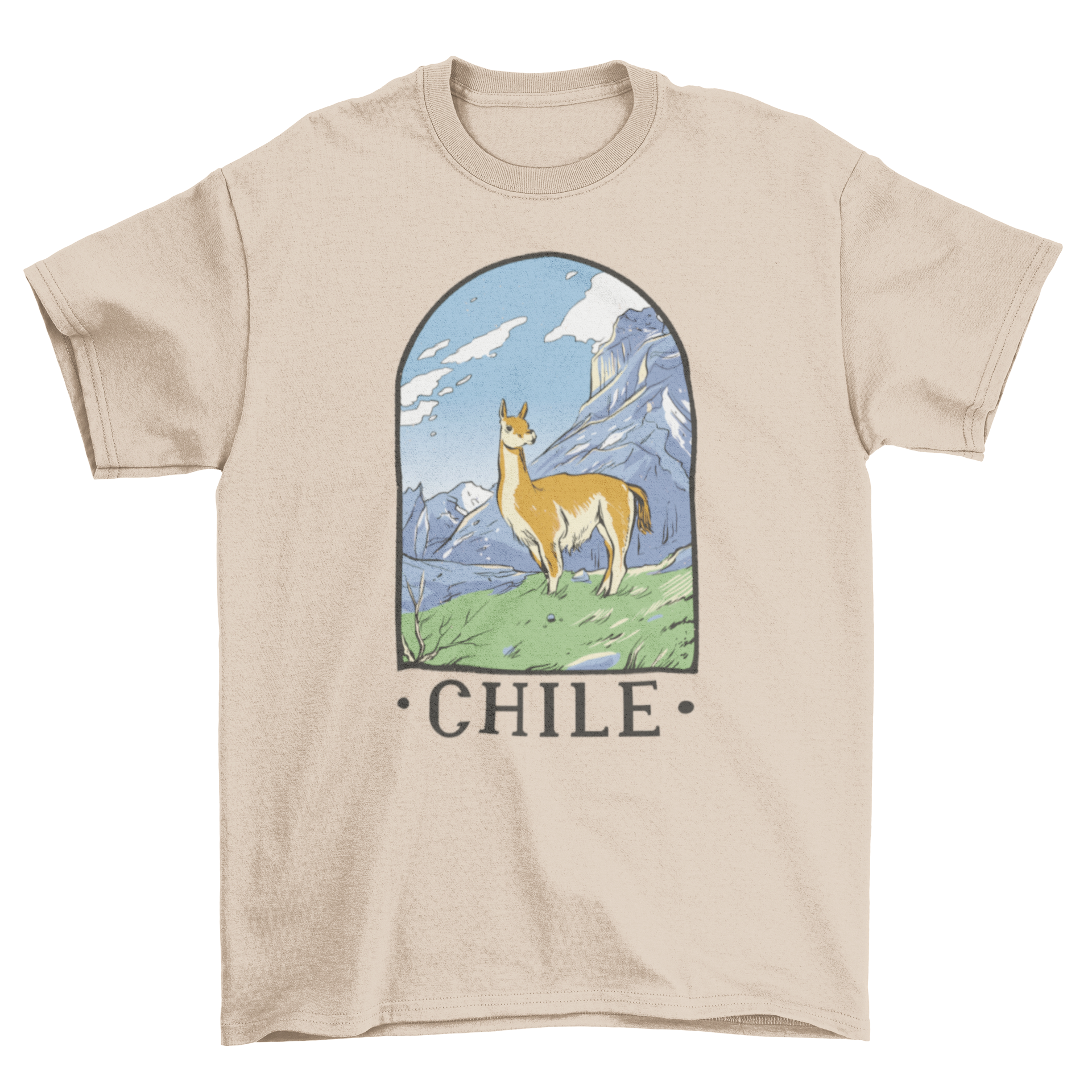 A stylish t-shirt featuring a llama in a scenic mountain landscape with the quote 'Chile'.