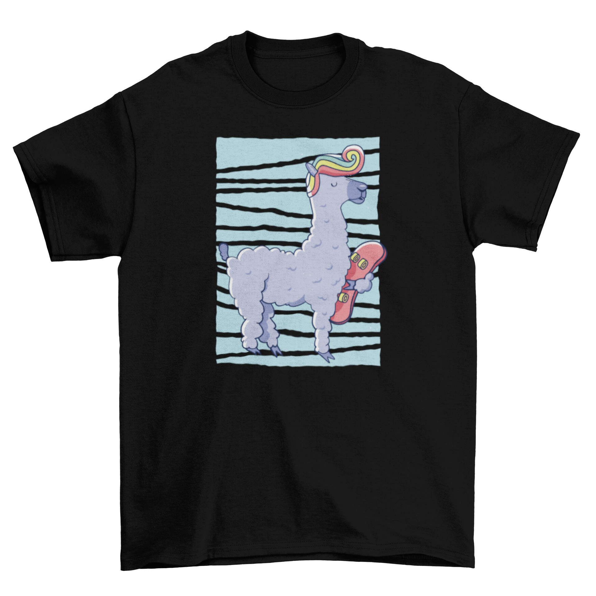 A colorful t-shirt featuring a skater llama with vibrant hair, perfect for casual wear.