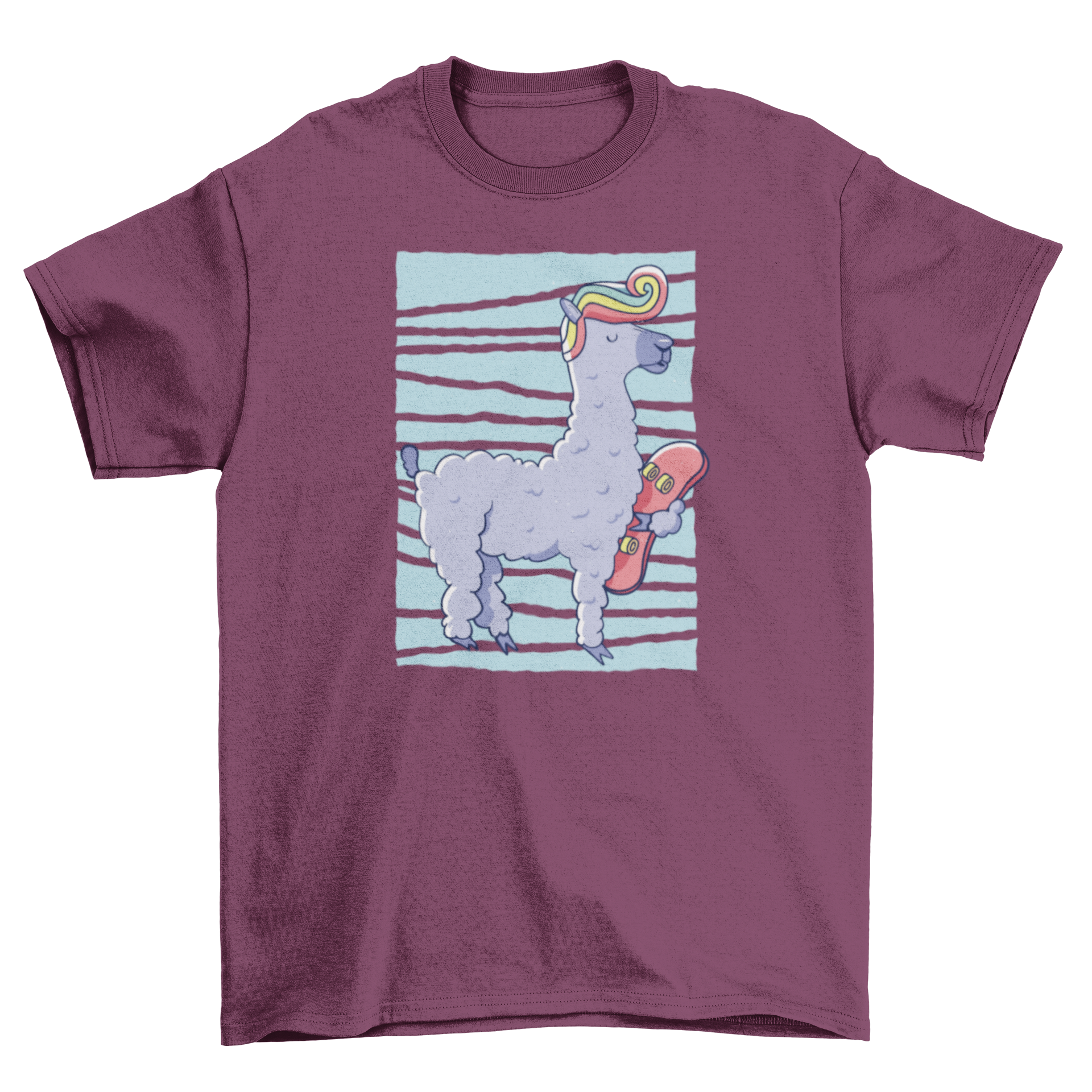 A colorful t-shirt featuring a skater llama with vibrant hair, perfect for casual wear.