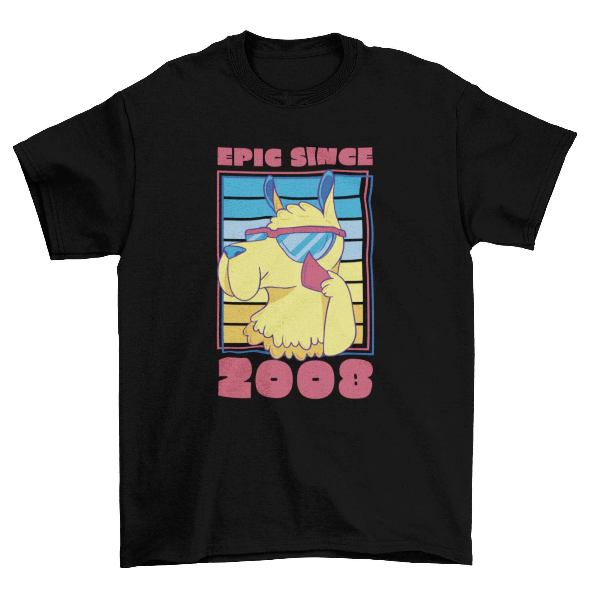 A colorful t-shirt featuring a llama wearing sunglasses with the quote 'Epic since 2008', perfect for birthday celebrations.