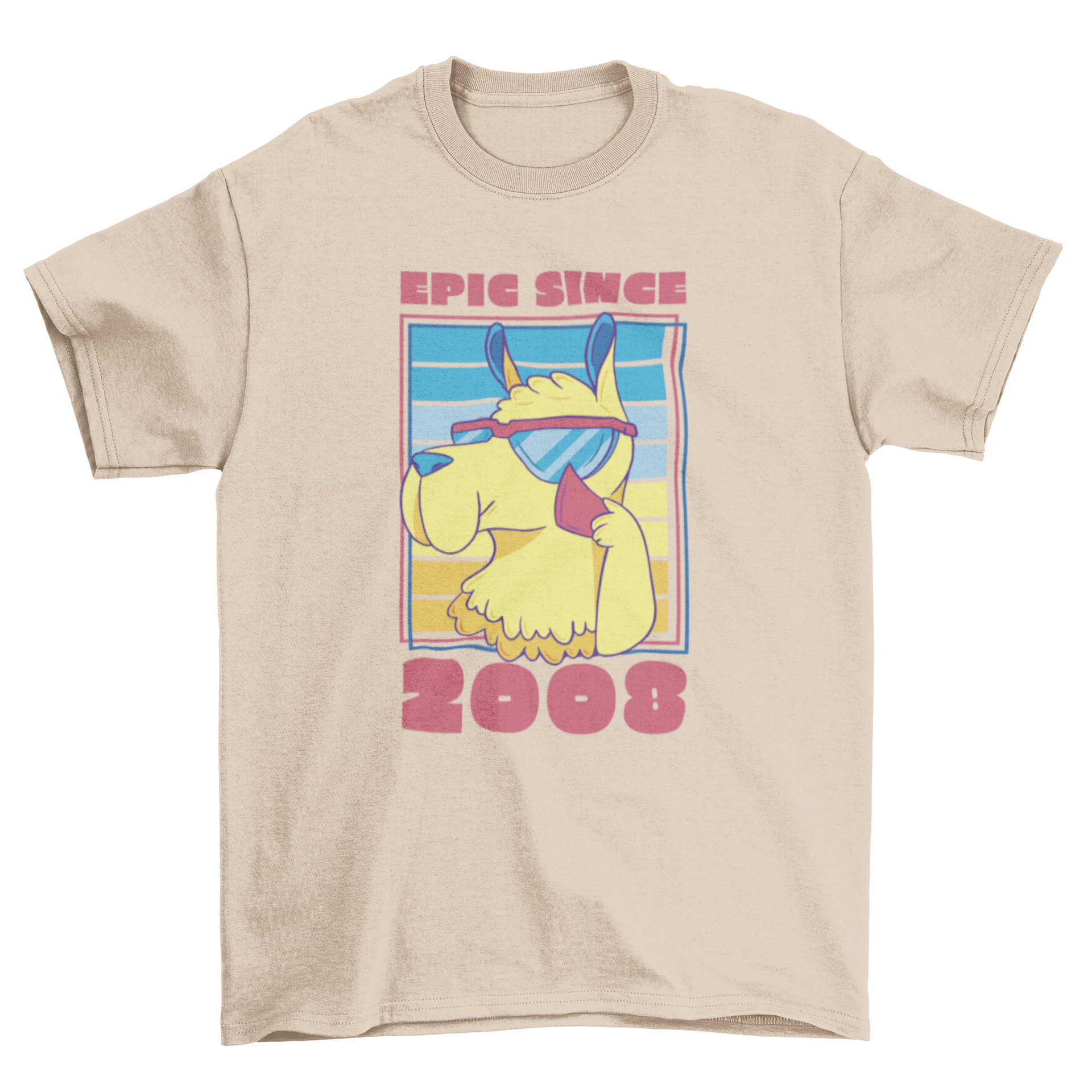 A colorful t-shirt featuring a llama wearing sunglasses with the quote 'Epic since 2008', perfect for birthday celebrations.