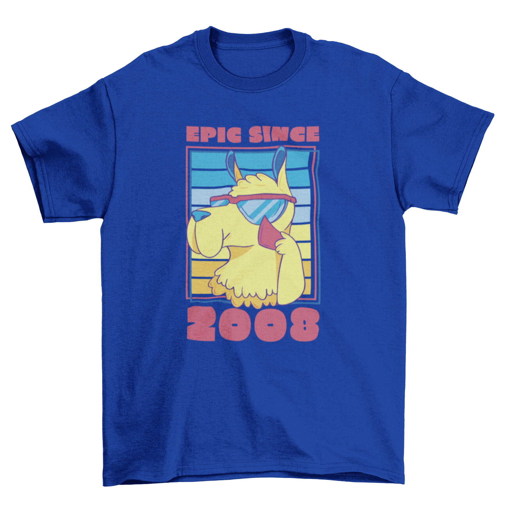 A colorful t-shirt featuring a llama wearing sunglasses with the quote 'Epic since 2008', perfect for birthday celebrations.